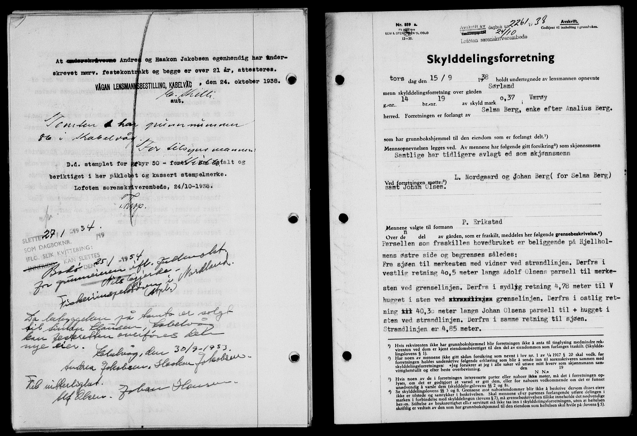 Lofoten sorenskriveri, SAT/A-0017/1/2/2C/L0004a: Mortgage book no. 4a, 1938-1938, Diary no: : 2261/1938