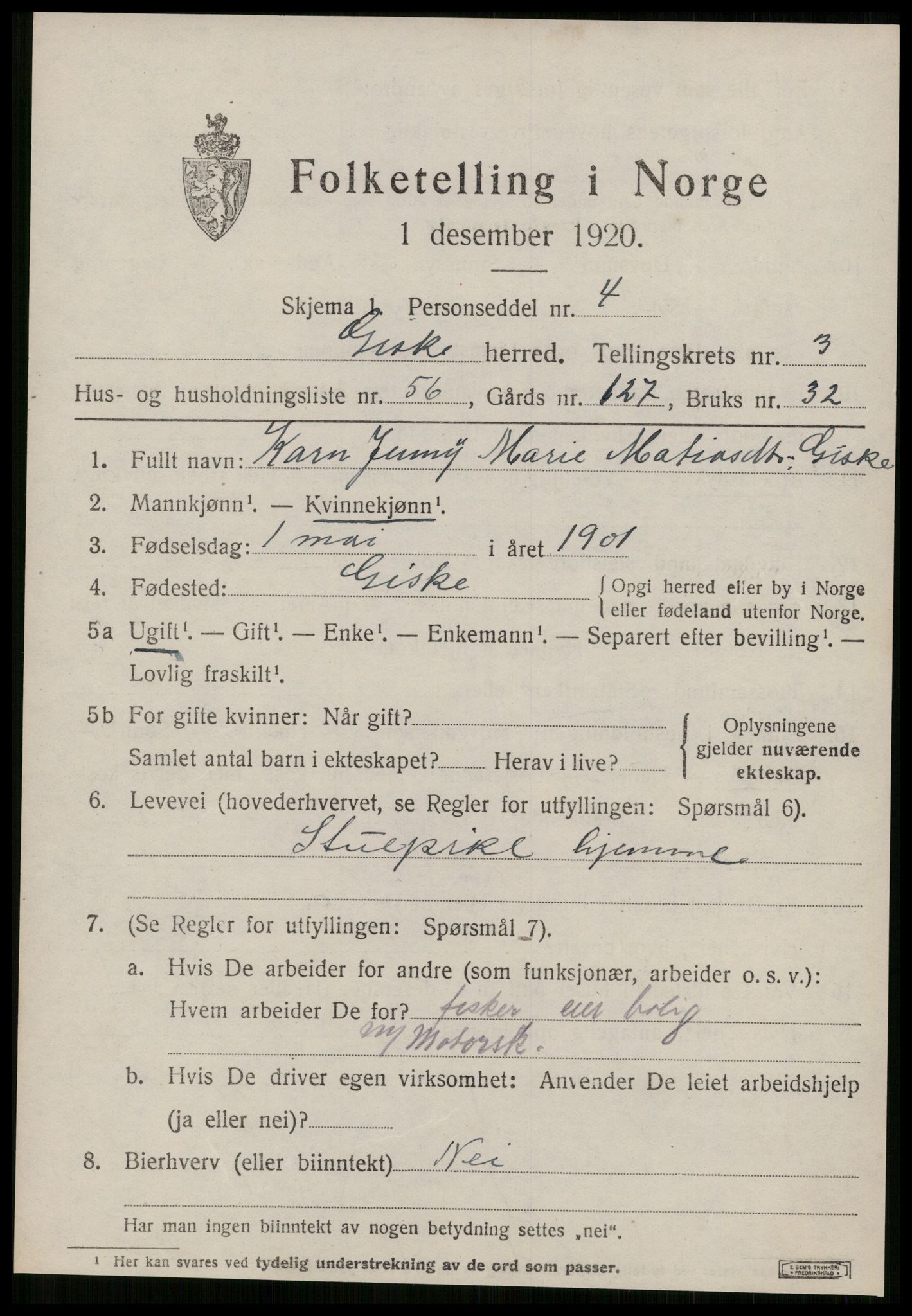 SAT, 1920 census for Giske, 1920, p. 2608