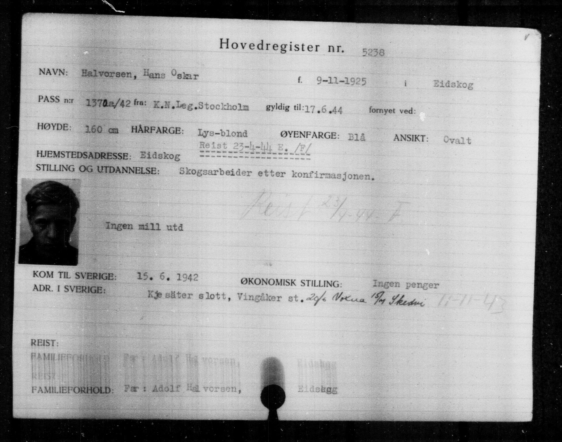 Utenriksstasjonene, Legasjonen i Stockholm, Flyktningkontoret, AV/RA-S-6753/V/Va/L0004: Kjesäterkartoteket, flyktninger med registreringsnr. 3496-6610, 1940-1945, p. 2002