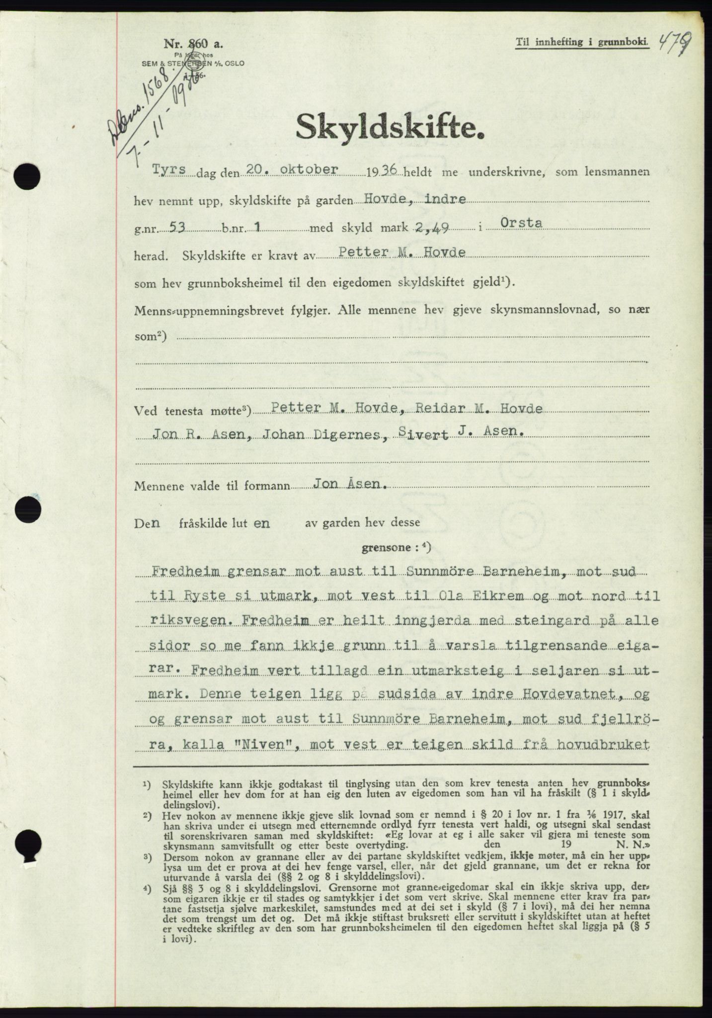 Søre Sunnmøre sorenskriveri, AV/SAT-A-4122/1/2/2C/L0061: Mortgage book no. 55, 1936-1936, Diary no: : 1568/1936