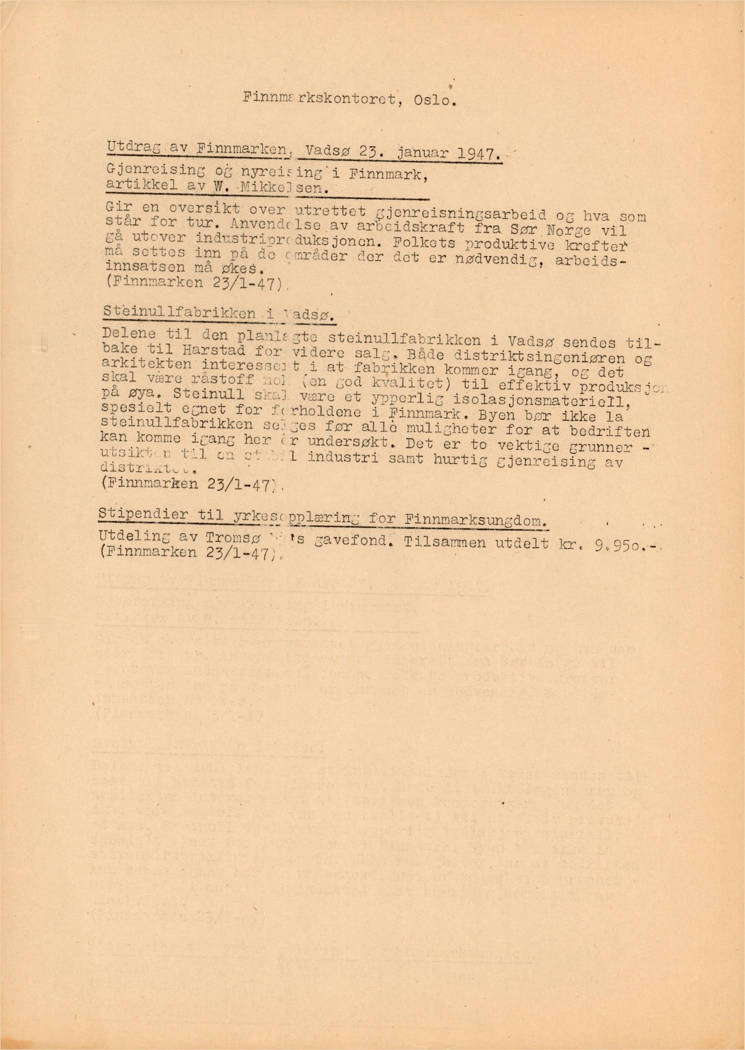 Finnmarkskontorets presse- og opplysningsarkiv , FMFB/A-1198/E/L0008/0002: 6. Presse / Utdrag av Finnmarken 1945-1948, to mapper