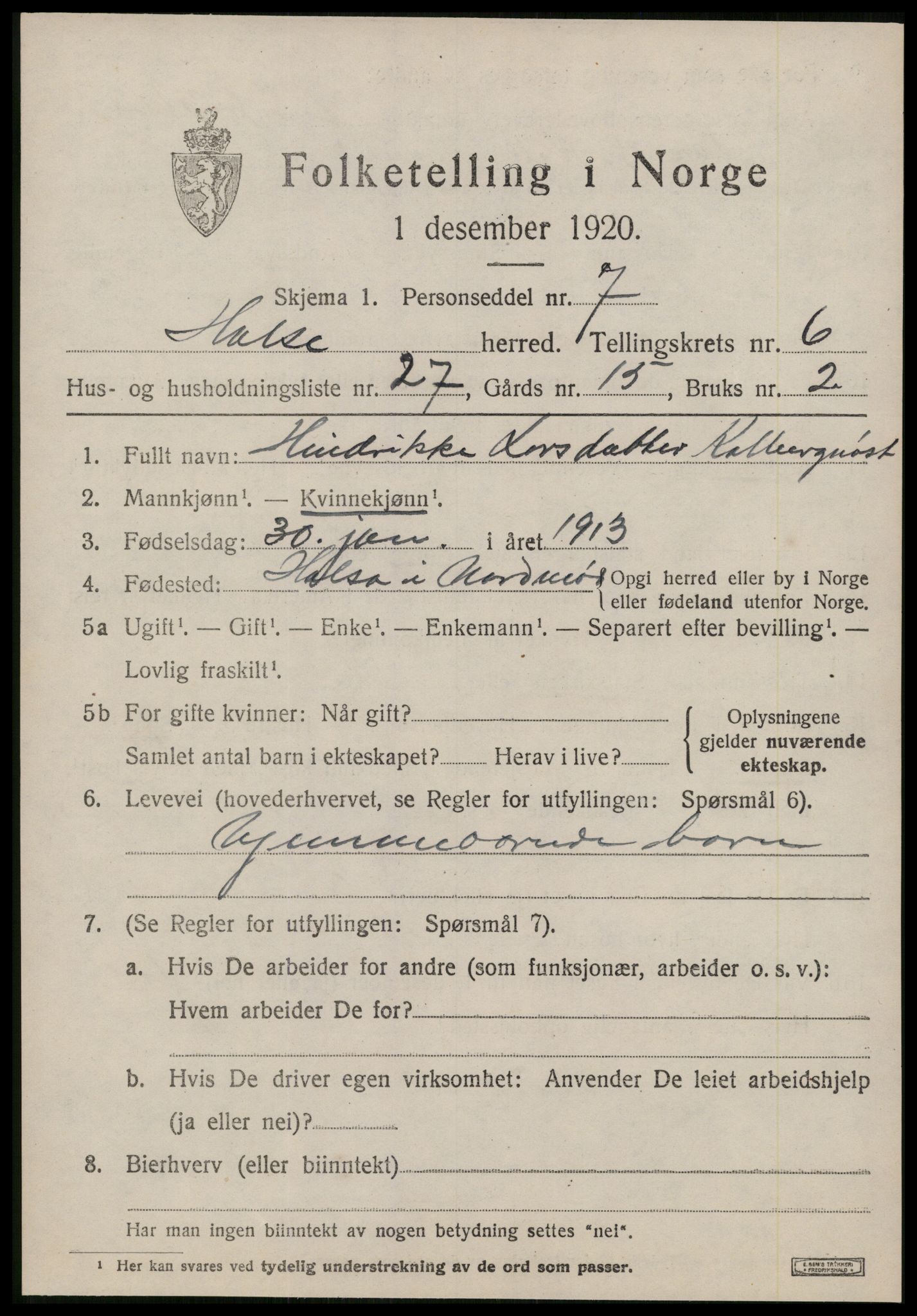 SAT, 1920 census for Halsa, 1920, p. 2549