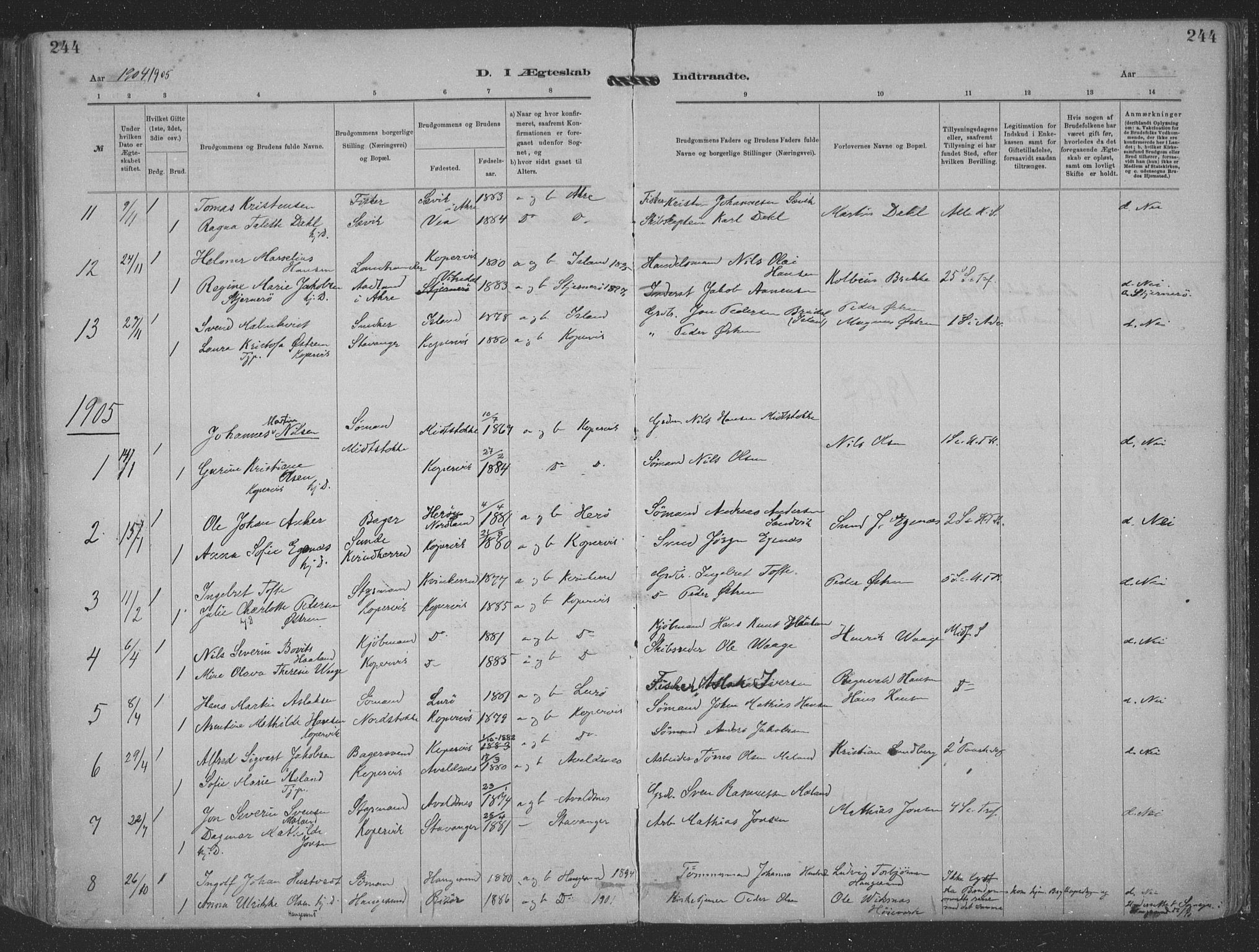 Kopervik sokneprestkontor, AV/SAST-A-101850/H/Ha/Haa/L0001: Parish register (official) no. A 1, 1880-1919, p. 244