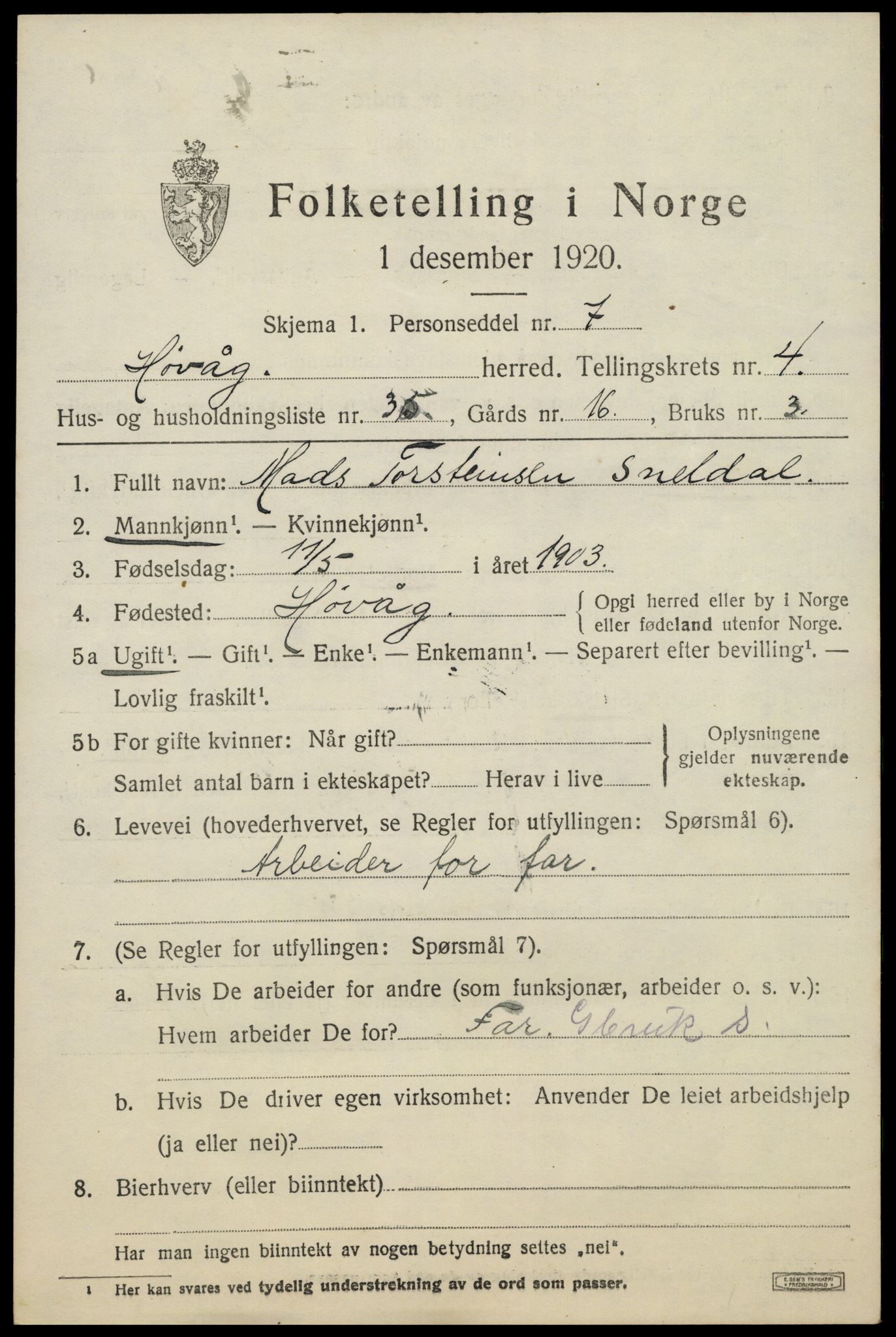 SAK, 1920 census for Høvåg, 1920, p. 2580