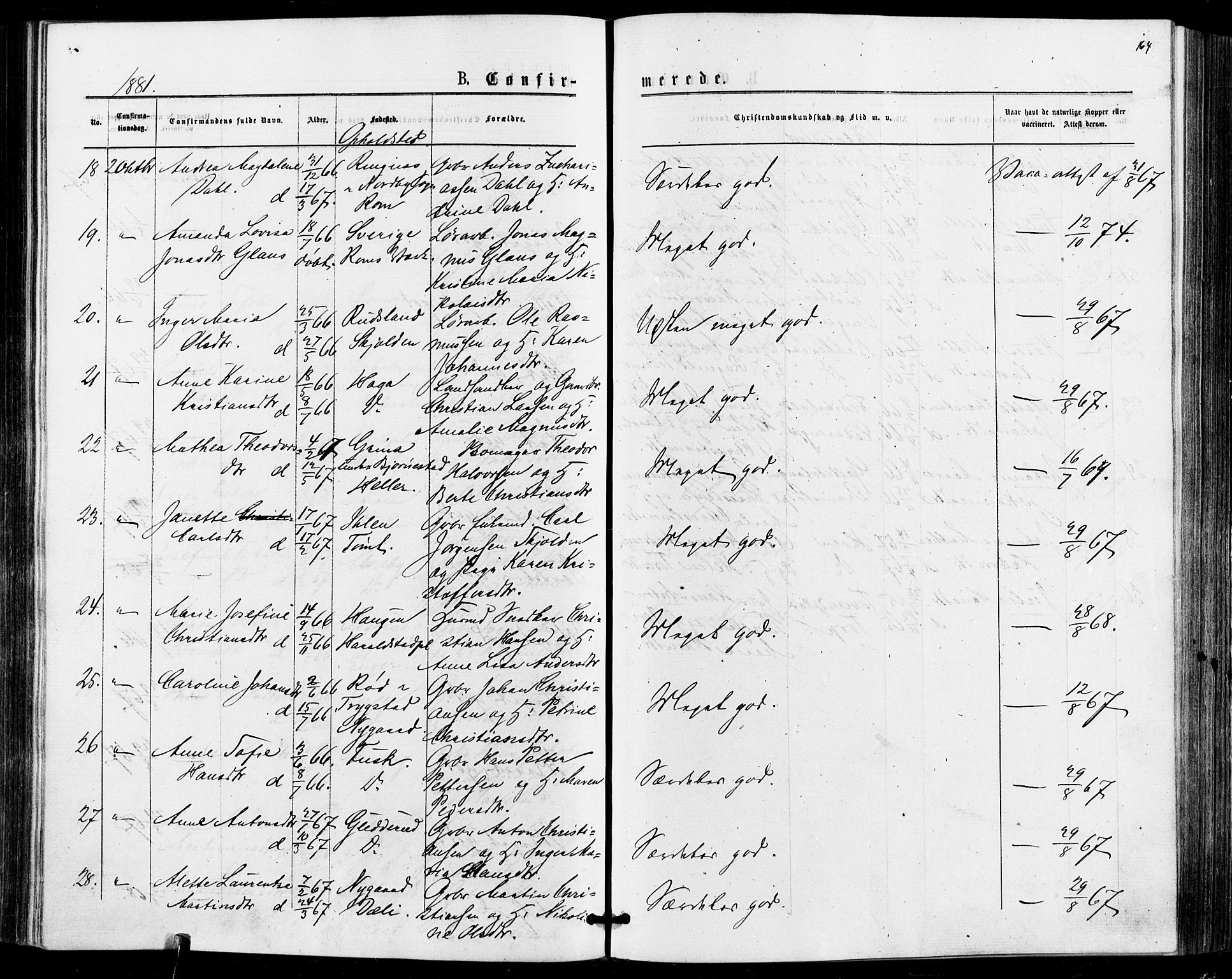 Askim prestekontor Kirkebøker, AV/SAO-A-10900/F/Fa/L0006: Parish register (official) no. 6, 1874-1881, p. 164