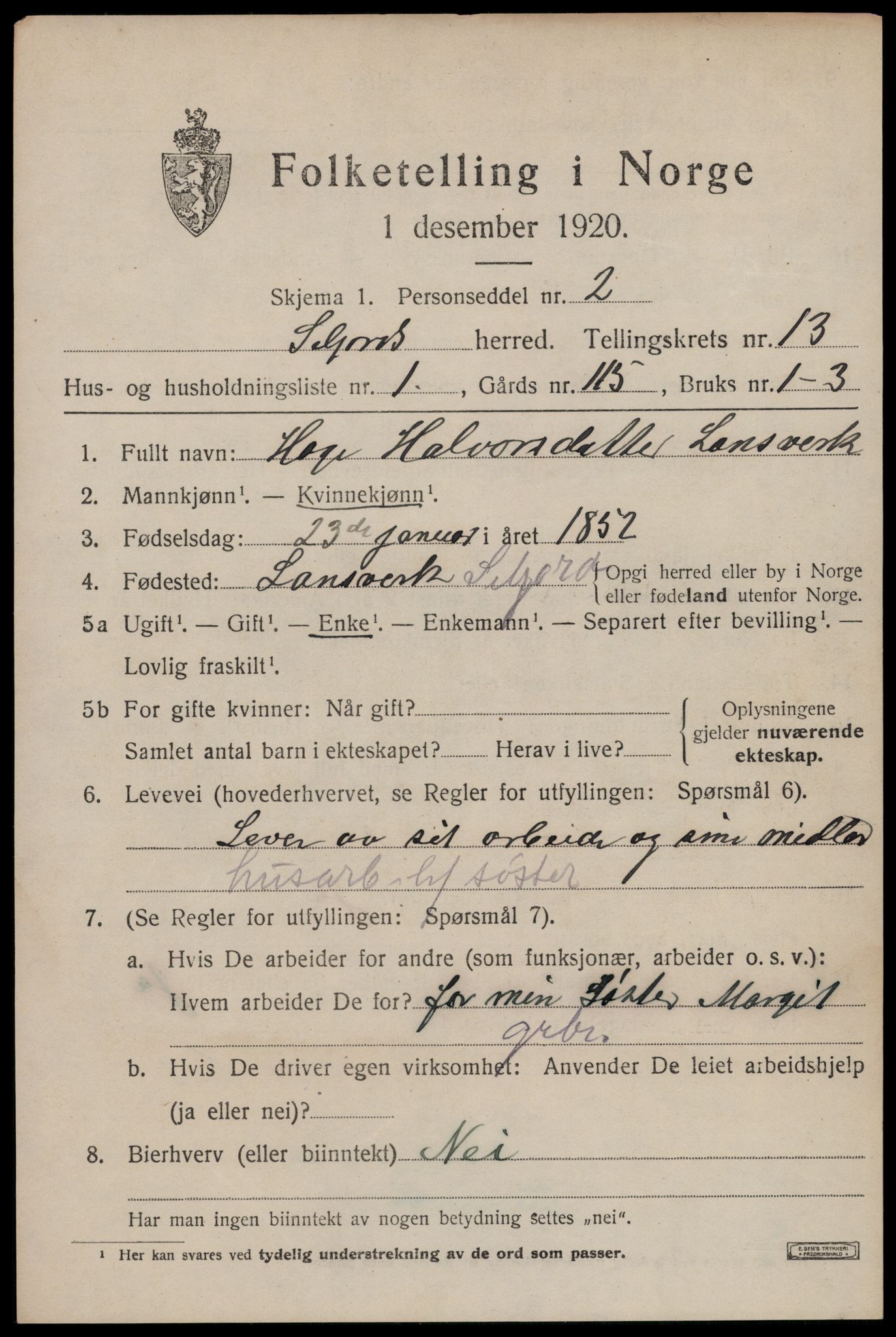 SAKO, 1920 census for Seljord, 1920, p. 6002