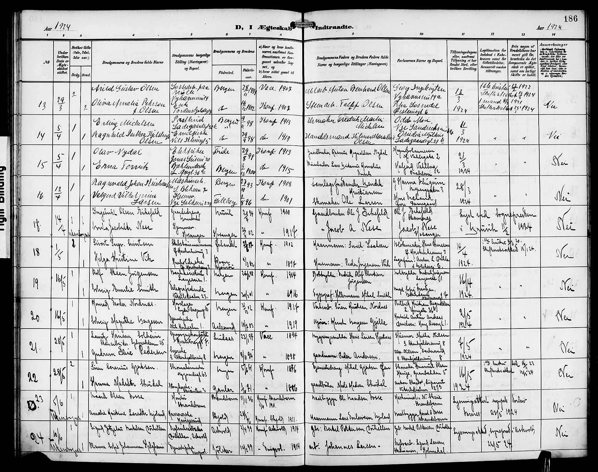 Korskirken sokneprestembete, SAB/A-76101/H/Hab: Parish register (copy) no. D 4, 1906-1925, p. 186