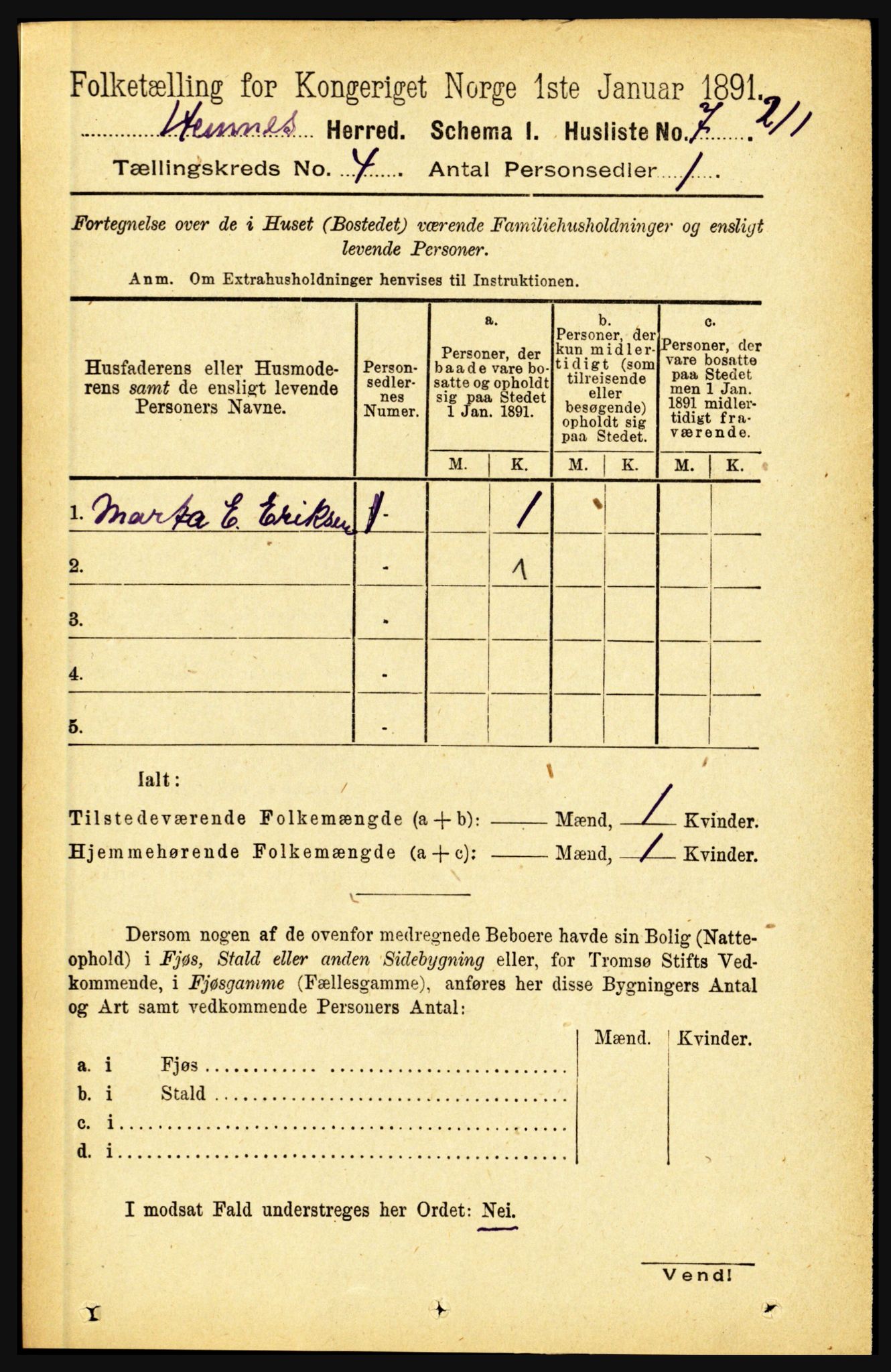 RA, 1891 census for 1832 Hemnes, 1891, p. 2207