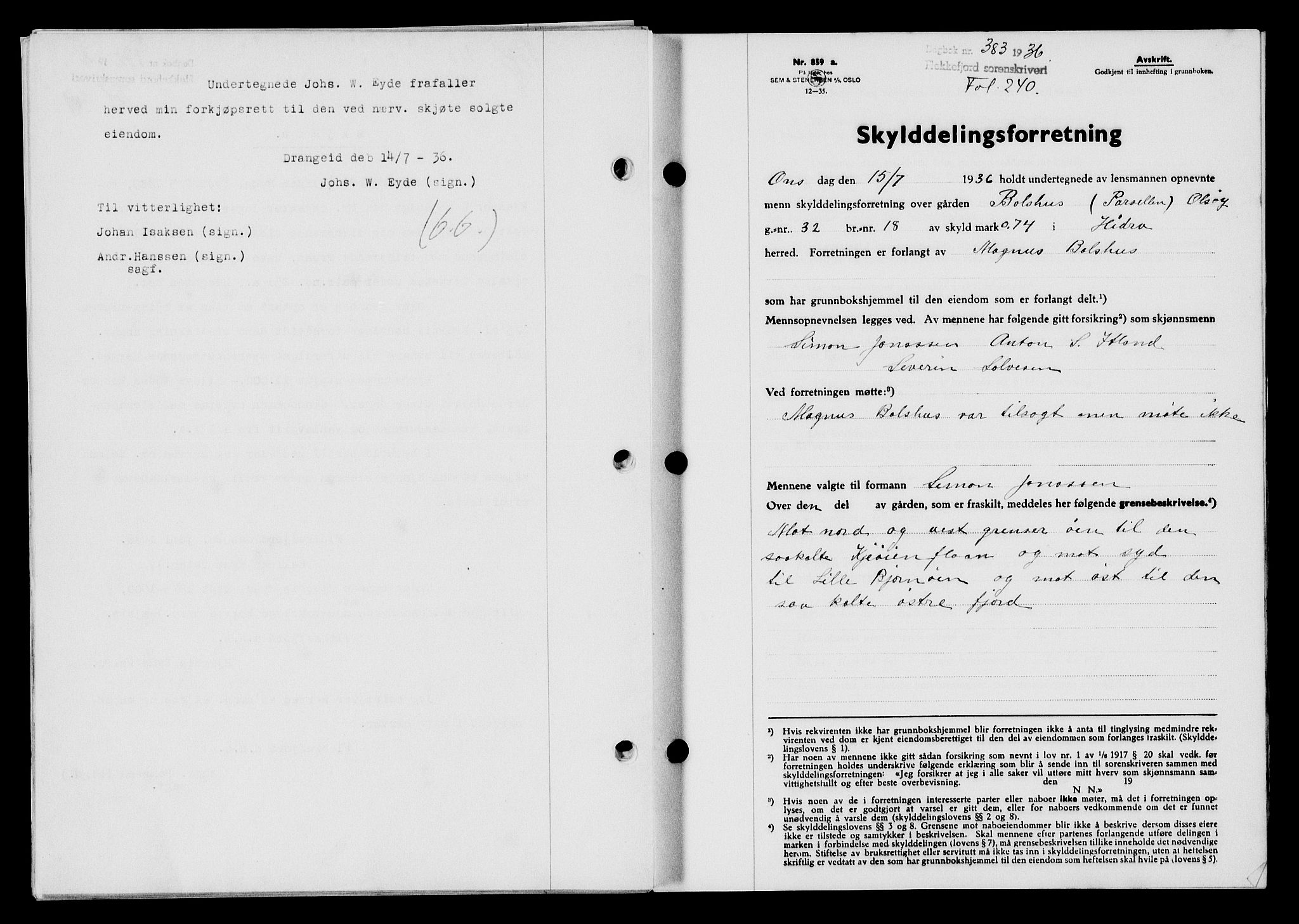 Flekkefjord sorenskriveri, SAK/1221-0001/G/Gb/Gba/L0053: Mortgage book no. A-1, 1936-1937, Diary no: : 383/1936