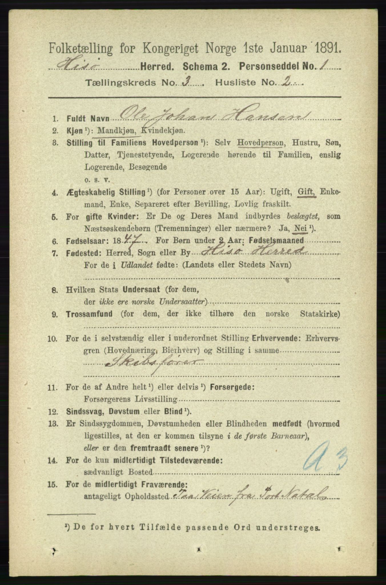 RA, 1891 census for 0922 Hisøy, 1891, p. 2254