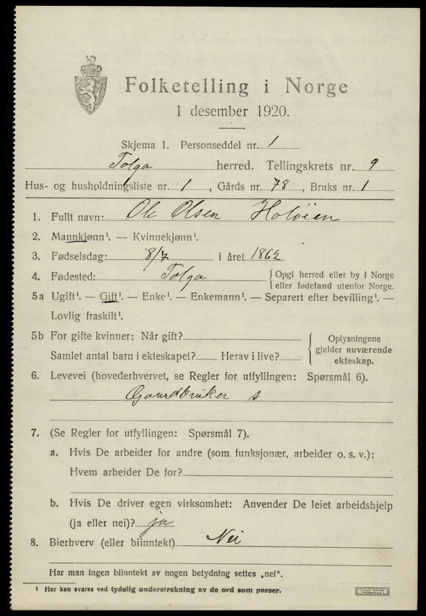 SAH, 1920 census for Tolga, 1920, p. 4661