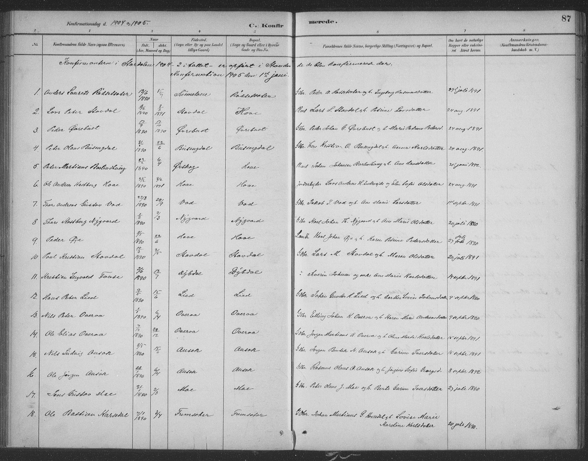 Ministerialprotokoller, klokkerbøker og fødselsregistre - Møre og Romsdal, SAT/A-1454/521/L0299: Parish register (official) no. 521A01, 1882-1907, p. 87