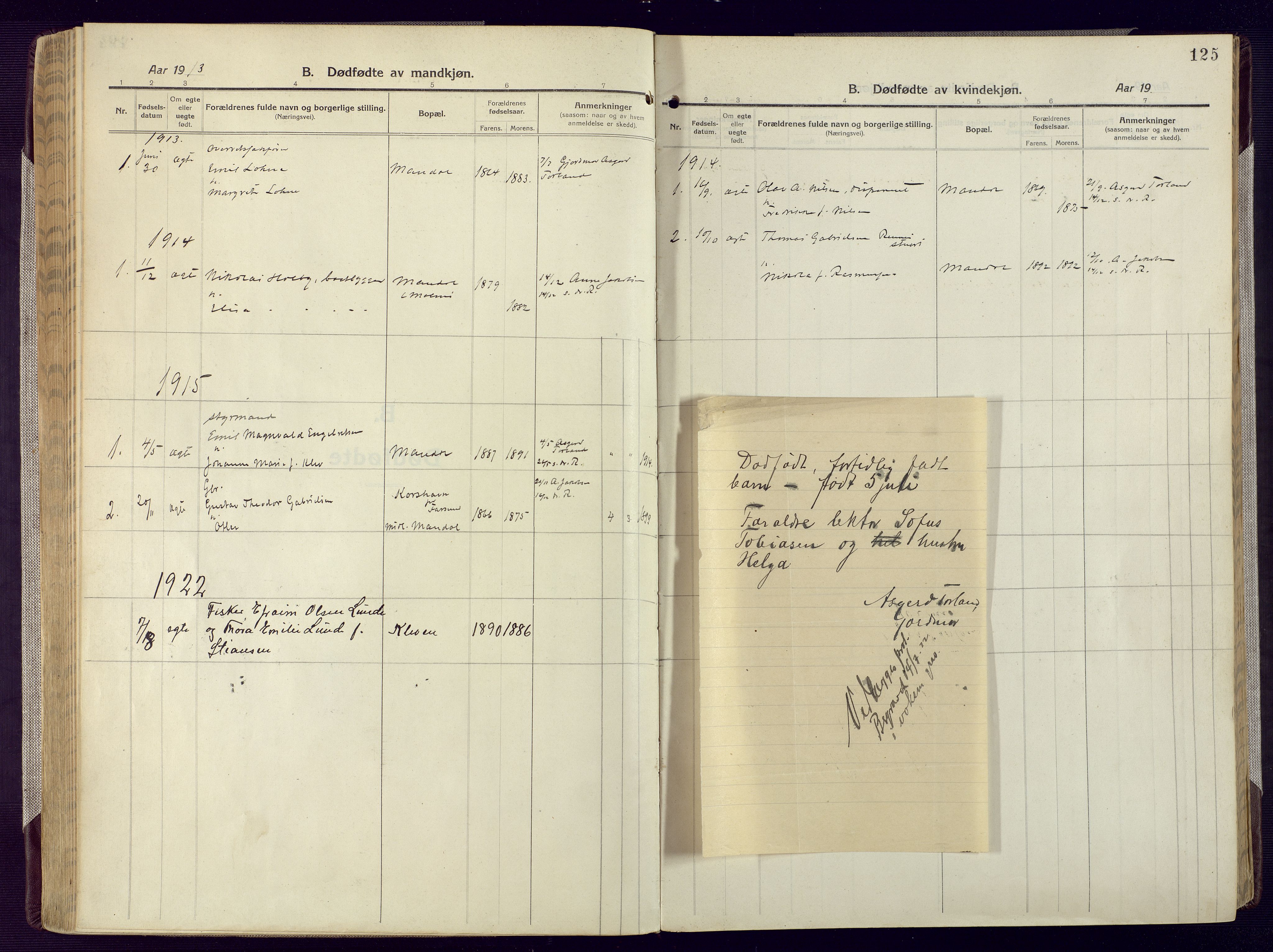 Mandal sokneprestkontor, SAK/1111-0030/F/Fa/Fac/L0001: Parish register (official) no. A 1, 1913-1925, p. 125