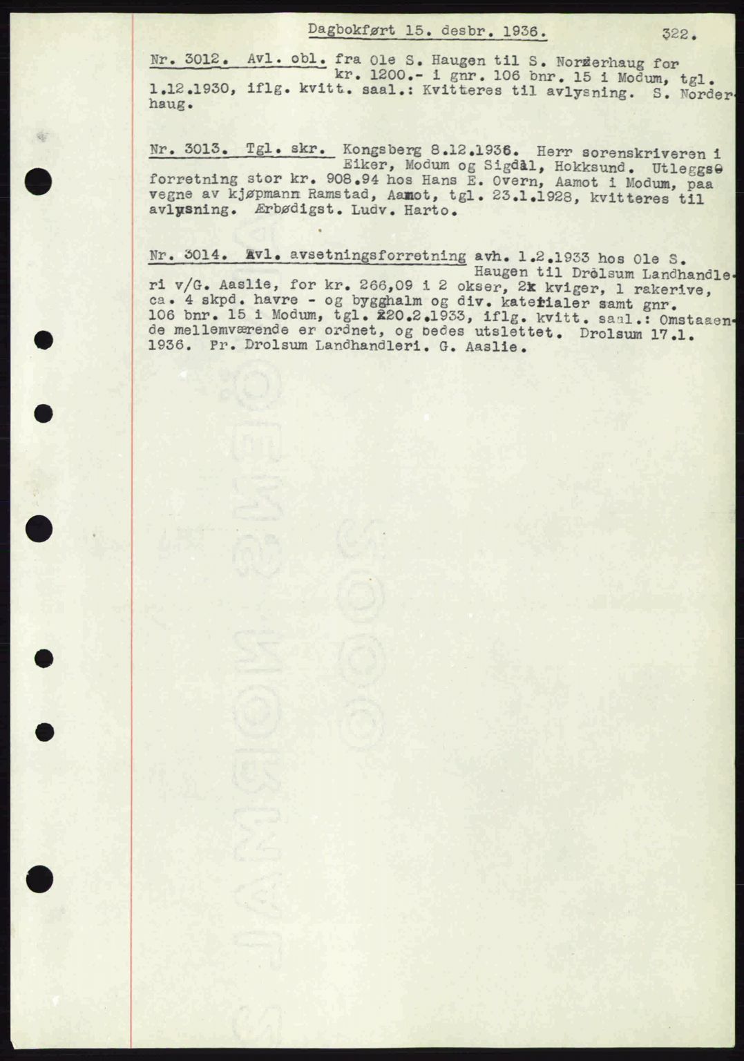 Eiker, Modum og Sigdal sorenskriveri, SAKO/A-123/G/Ga/Gab/L0034: Mortgage book no. A4, 1936-1937, Diary no: : 3012/1936