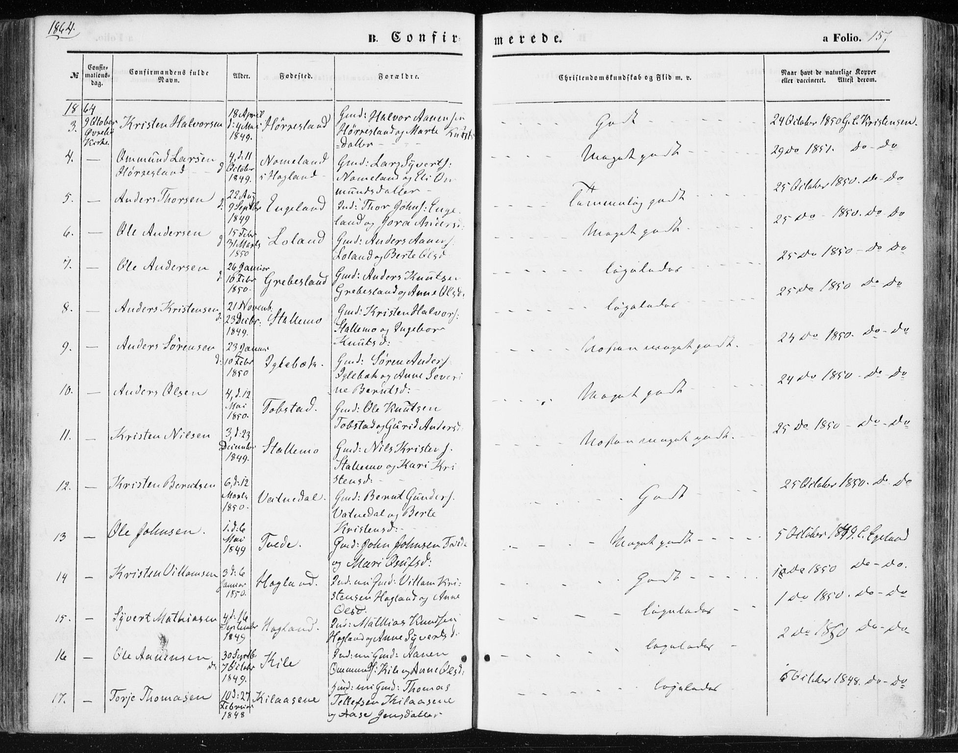 Vennesla sokneprestkontor, SAK/1111-0045/Fa/Fac/L0007: Parish register (official) no. A 7, 1855-1873, p. 157