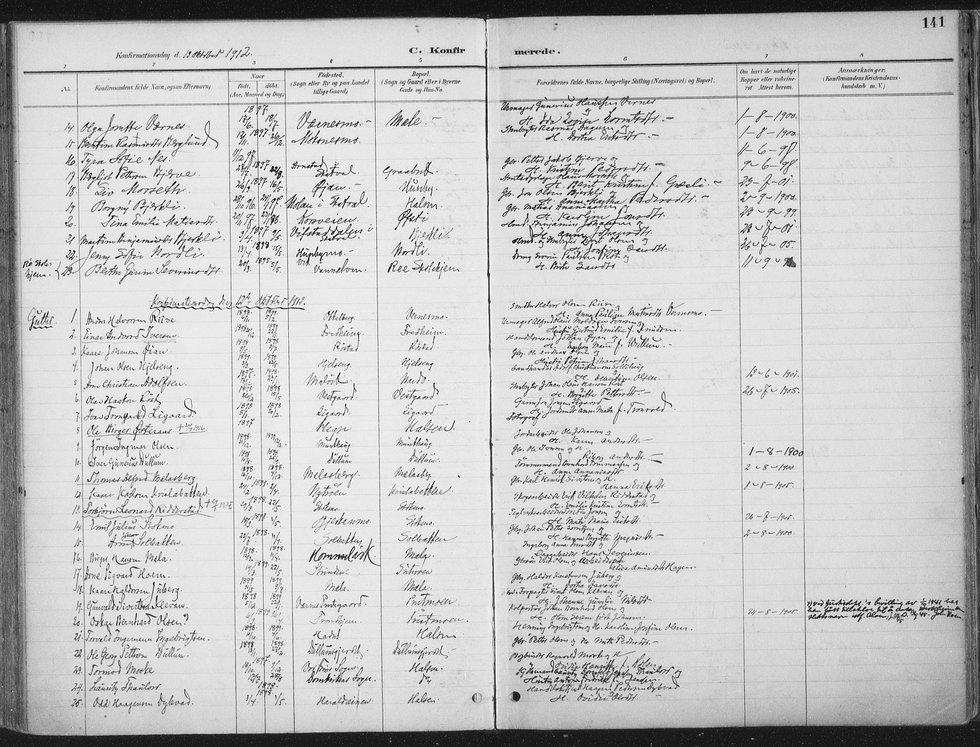Ministerialprotokoller, klokkerbøker og fødselsregistre - Nord-Trøndelag, SAT/A-1458/709/L0082: Parish register (official) no. 709A22, 1896-1916, p. 141