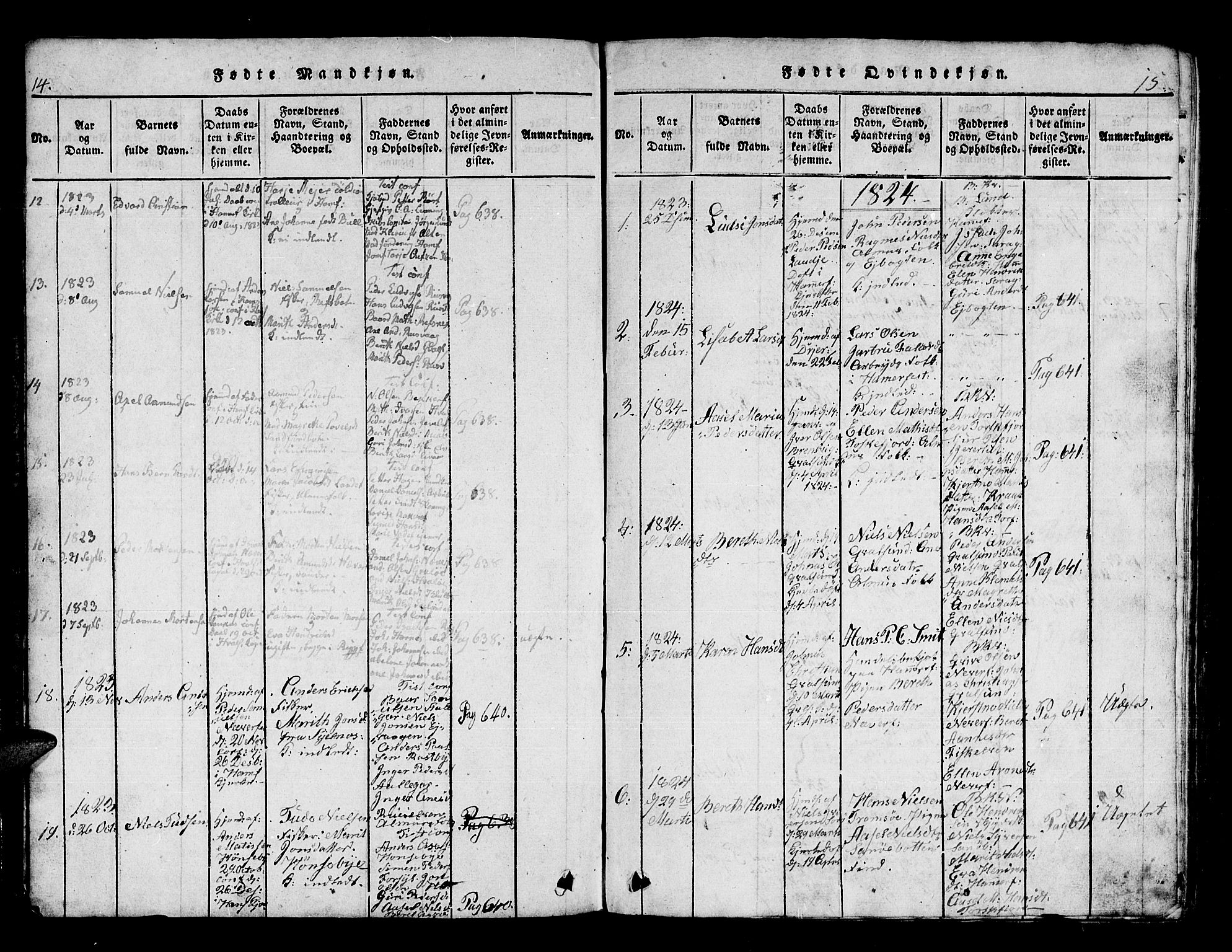 Hammerfest sokneprestkontor, AV/SATØ-S-1347/H/Hb/L0001.klokk: Parish register (copy) no. 1, 1822-1850, p. 14-15