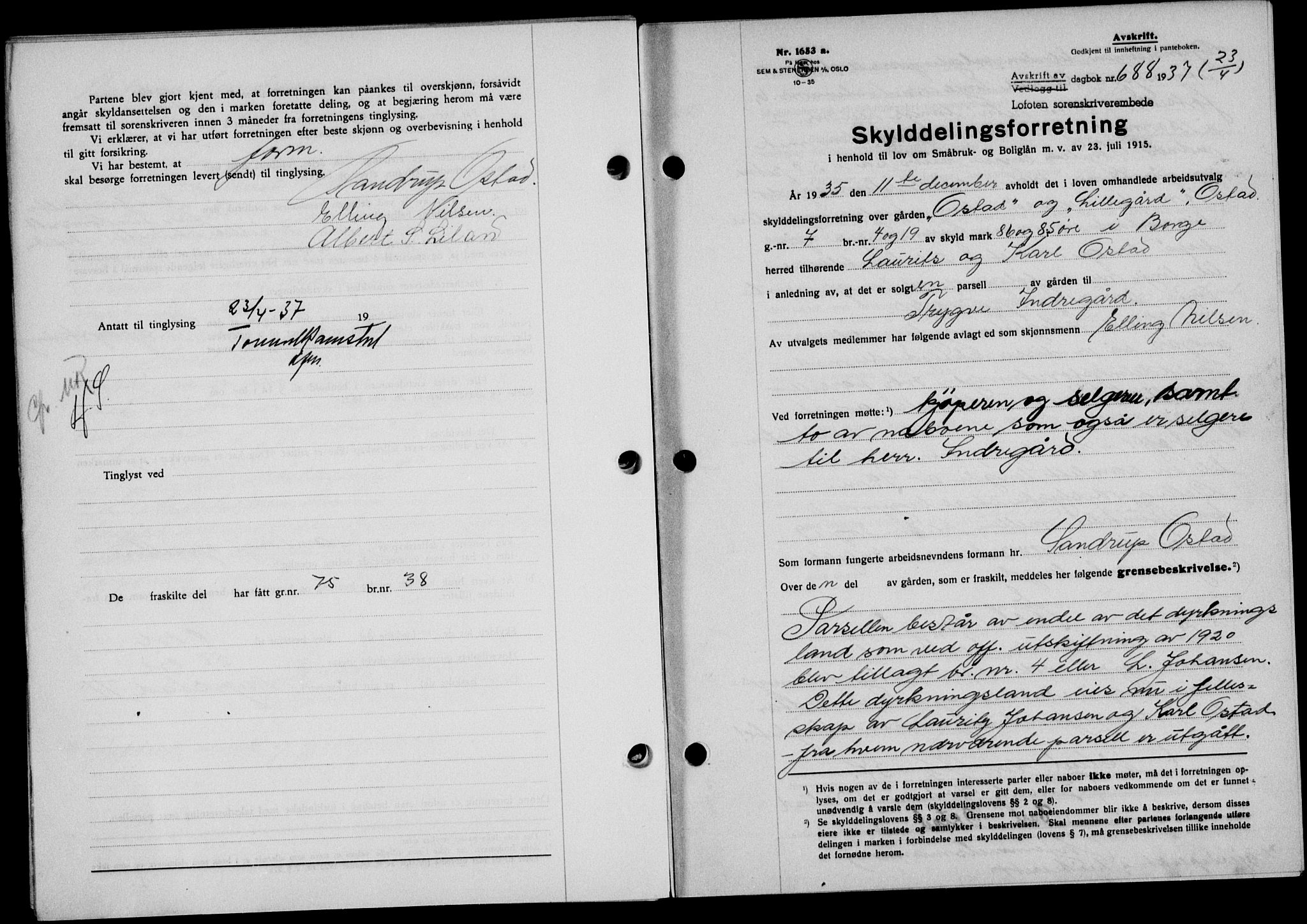 Lofoten sorenskriveri, SAT/A-0017/1/2/2C/L0002a: Mortgage book no. 2a, 1937-1937, Diary no: : 688/1937