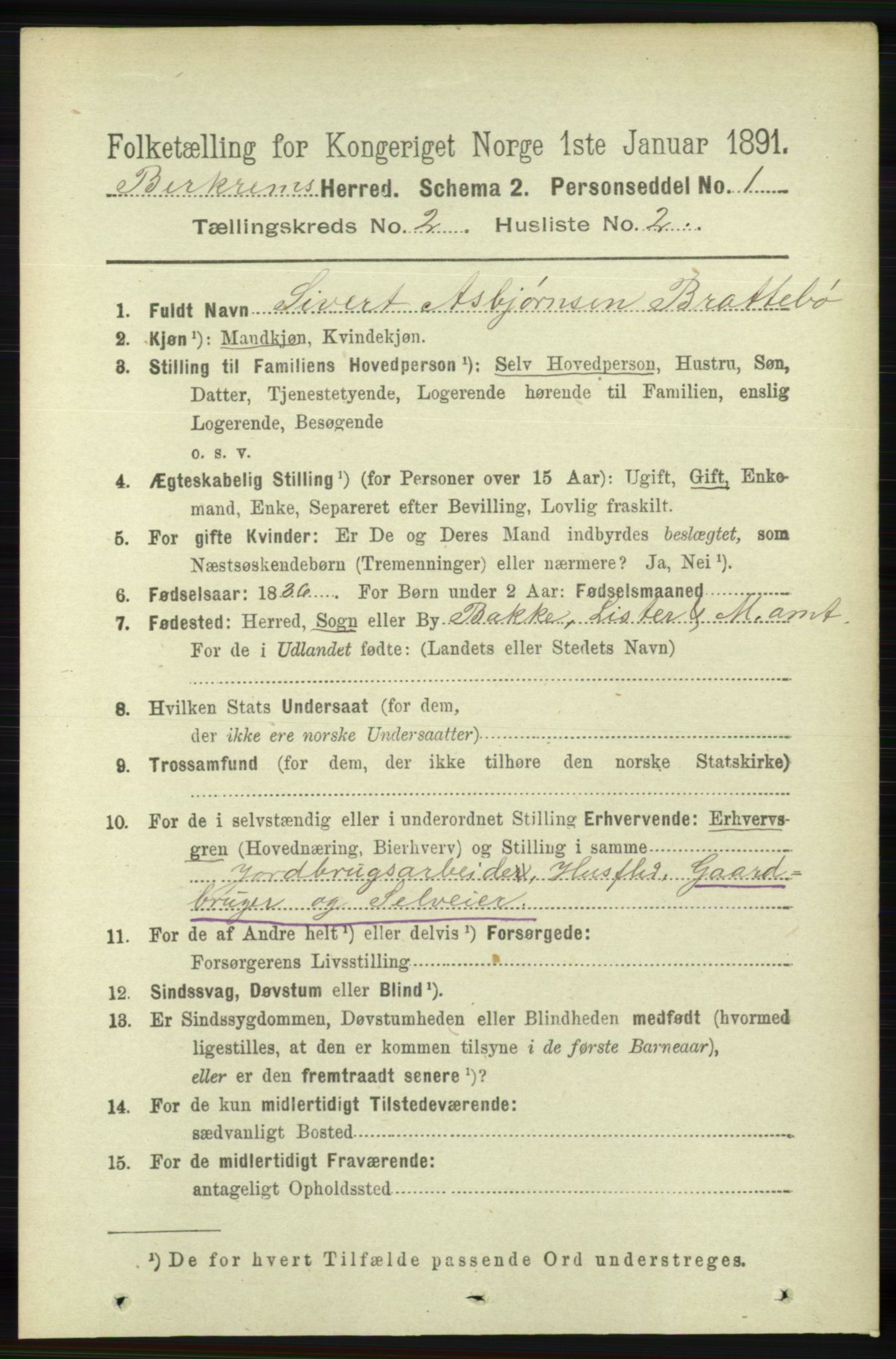 RA, 1891 census for 1114 Bjerkreim, 1891, p. 571