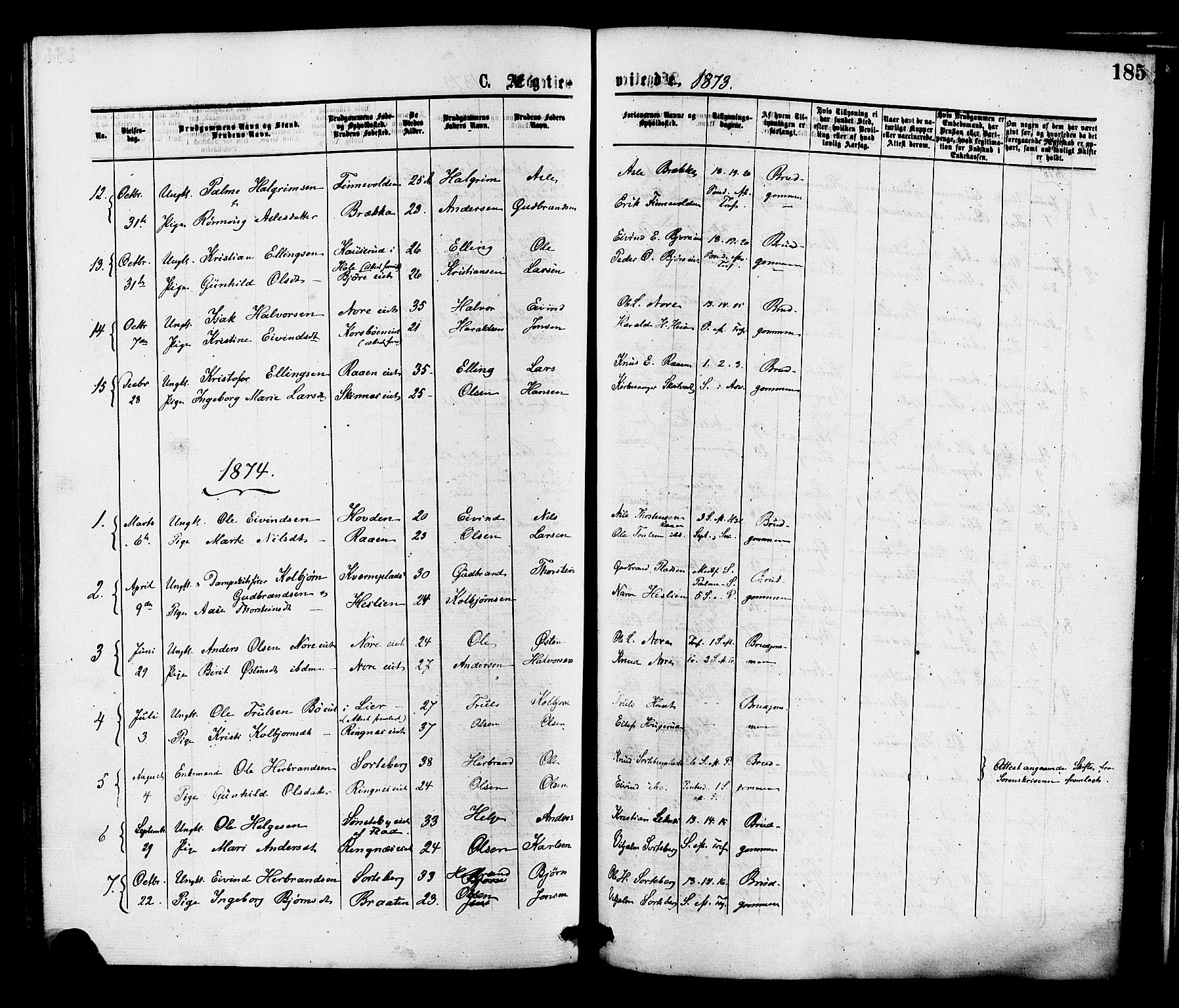 Krødsherad kirkebøker, SAKO/A-19/F/Fa/L0004: Parish register (official) no. 4, 1873-1878, p. 185