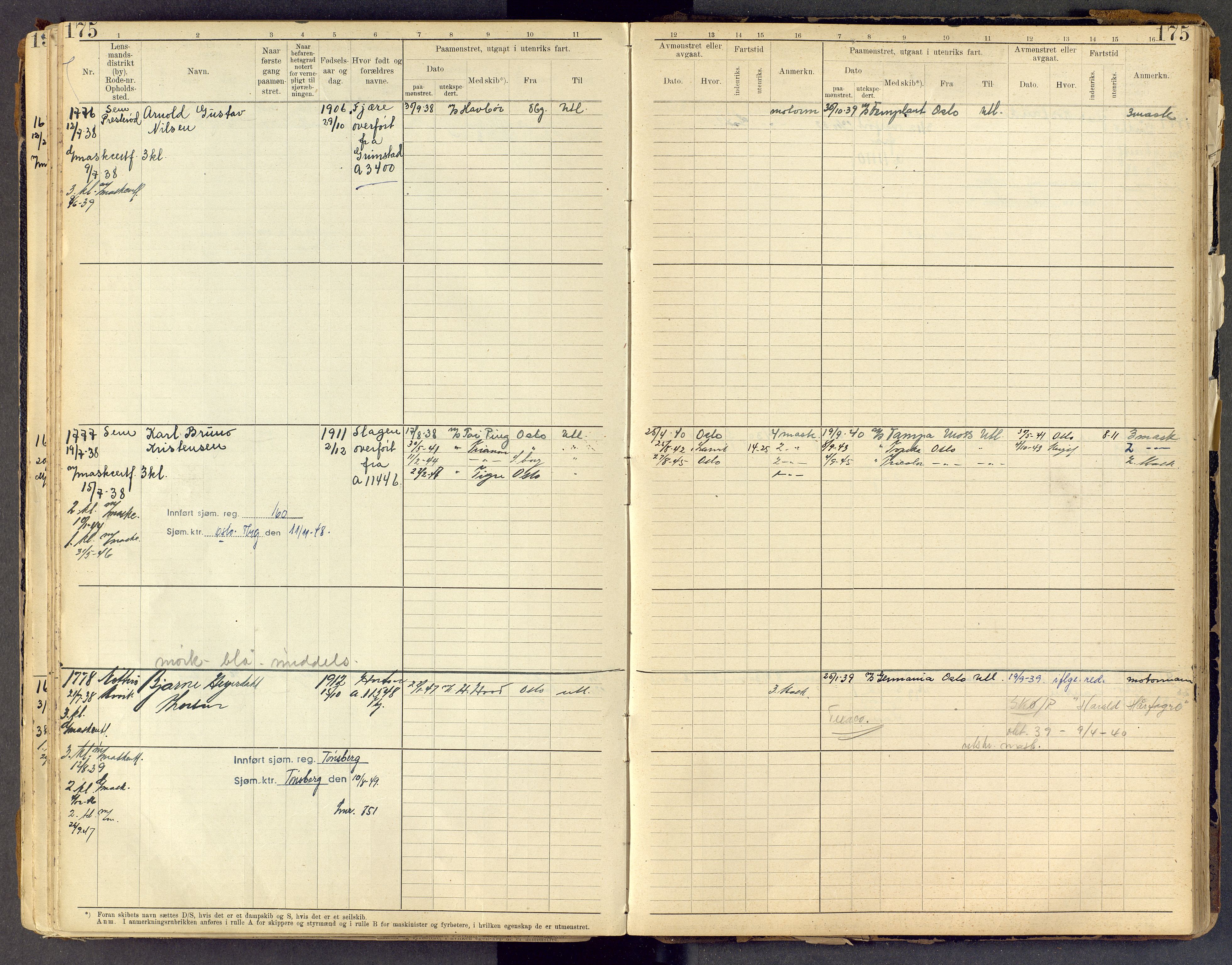 Tønsberg innrulleringskontor, AV/SAKO-A-786/F/Fe/L0005: Maskinist- og fyrbøterrulle Patent nr. 1080-1993, 1923-1945, p. 175