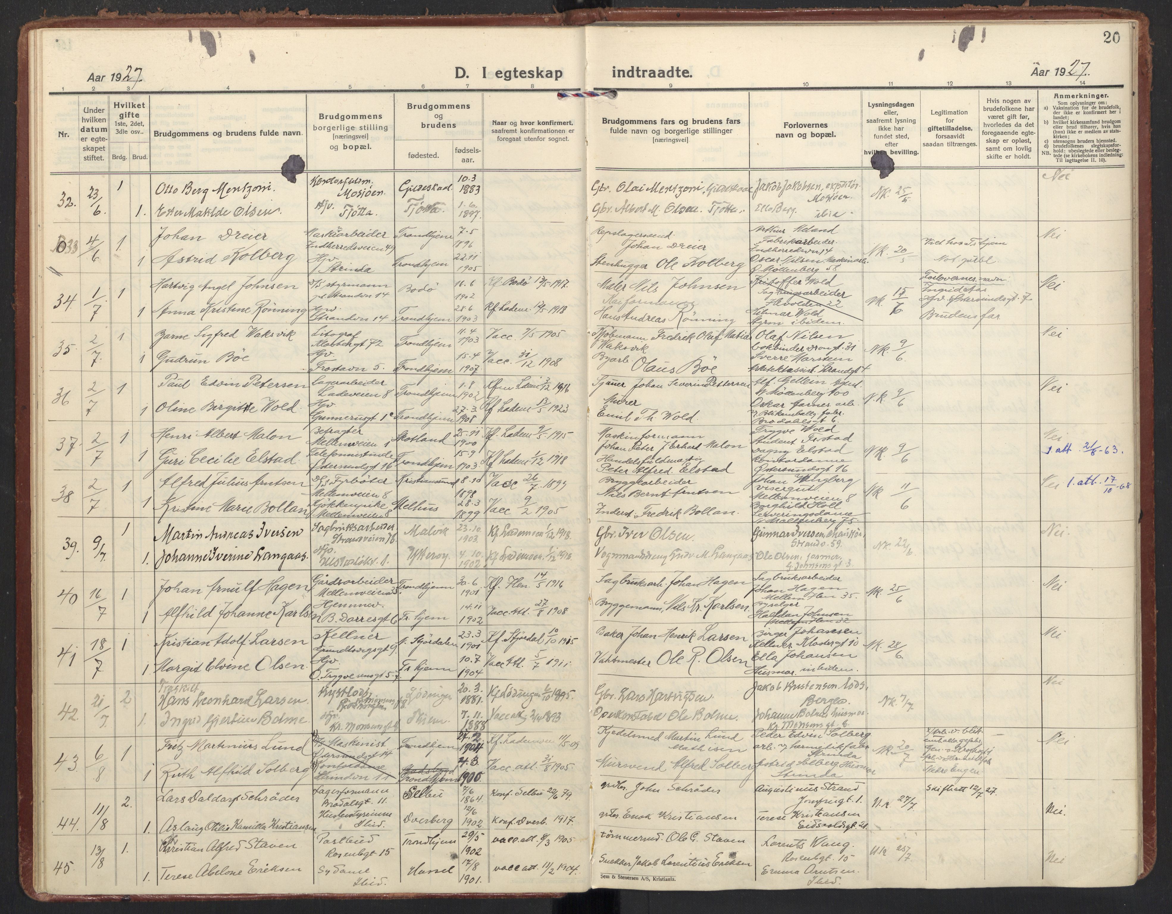 Ministerialprotokoller, klokkerbøker og fødselsregistre - Sør-Trøndelag, SAT/A-1456/605/L0249: Parish register (official) no. 605A11, 1925-1936, p. 20