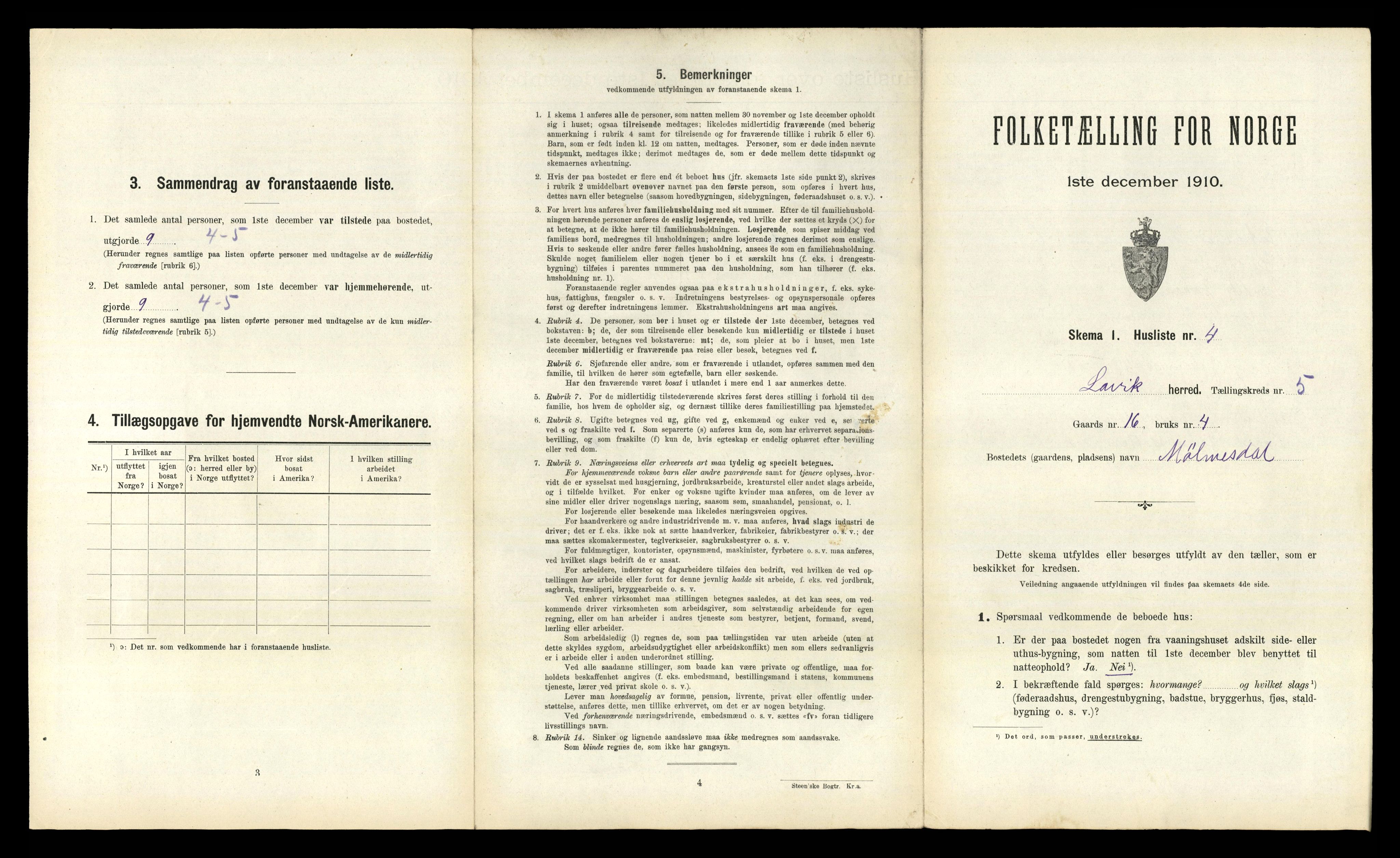 RA, 1910 census for Lavik, 1910, p. 211