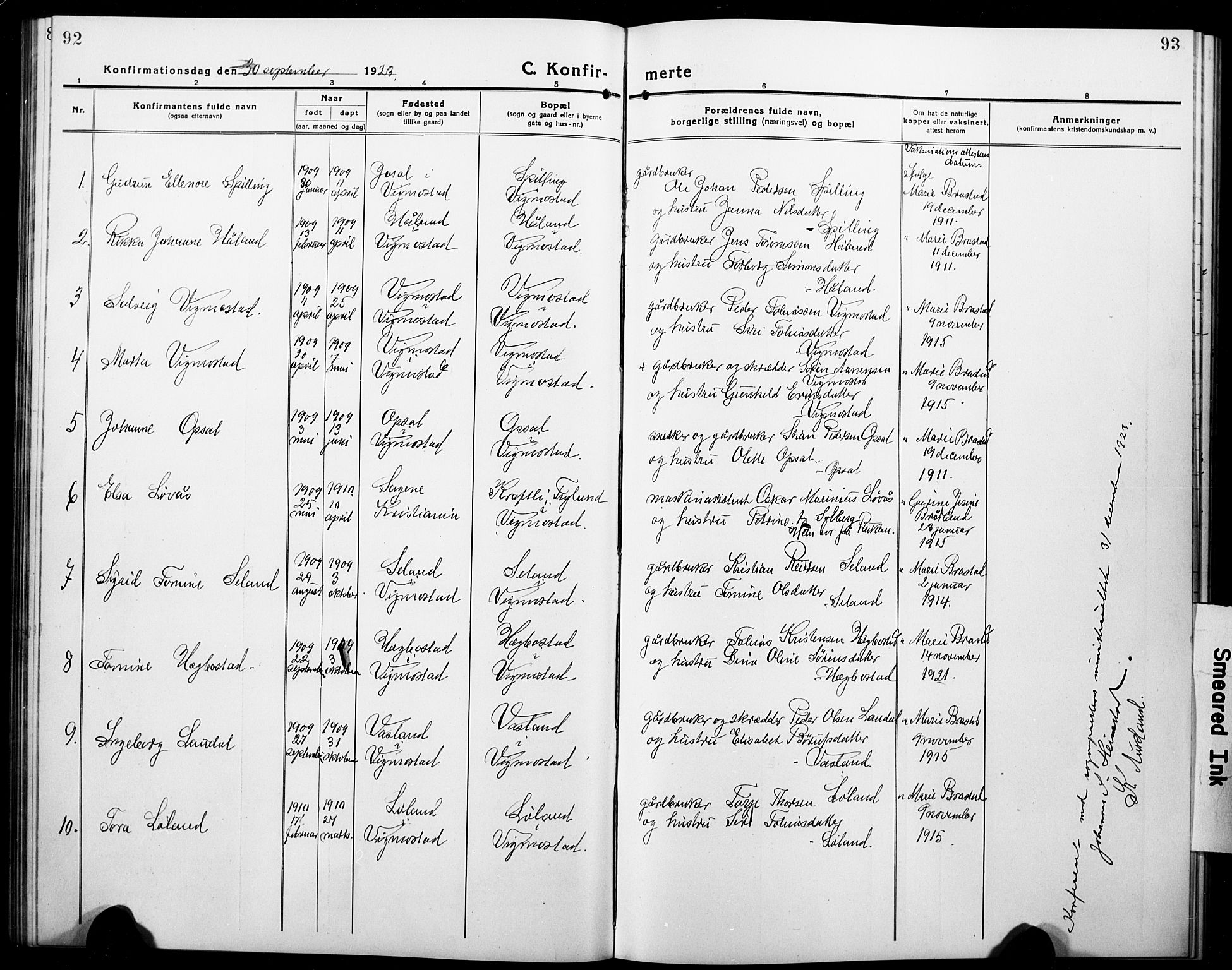 Nord-Audnedal sokneprestkontor, SAK/1111-0032/F/Fb/Fbb/L0005: Parish register (copy) no. B 5, 1918-1929, p. 92-93