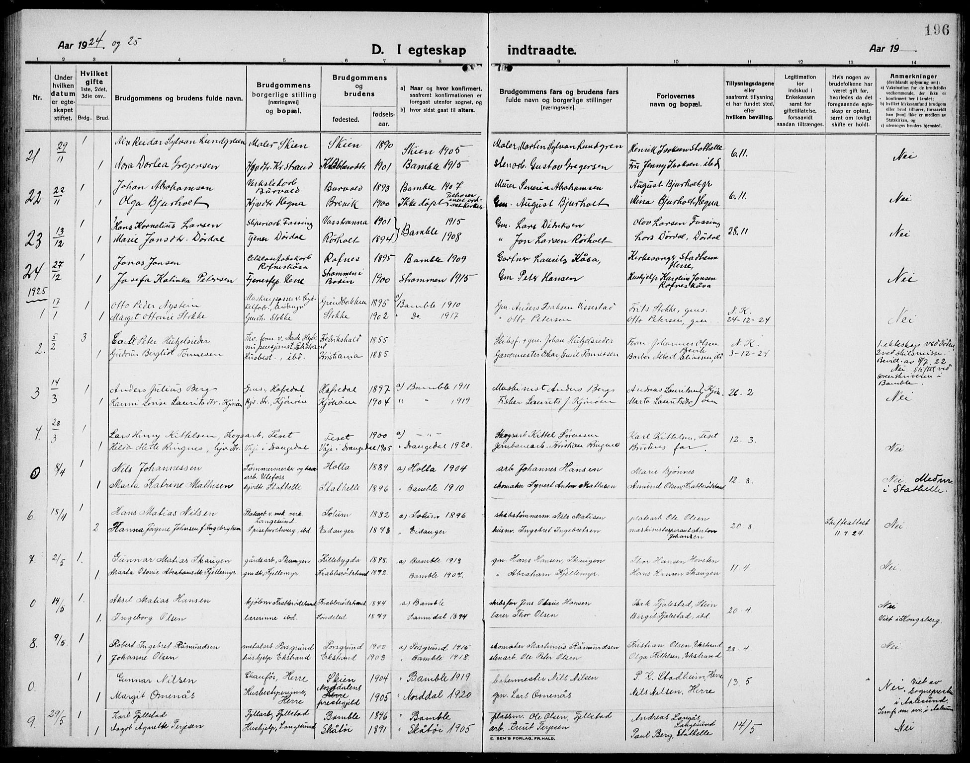 Bamble kirkebøker, SAKO/A-253/G/Ga/L0011: Parish register (copy) no. I 11, 1920-1935, p. 196