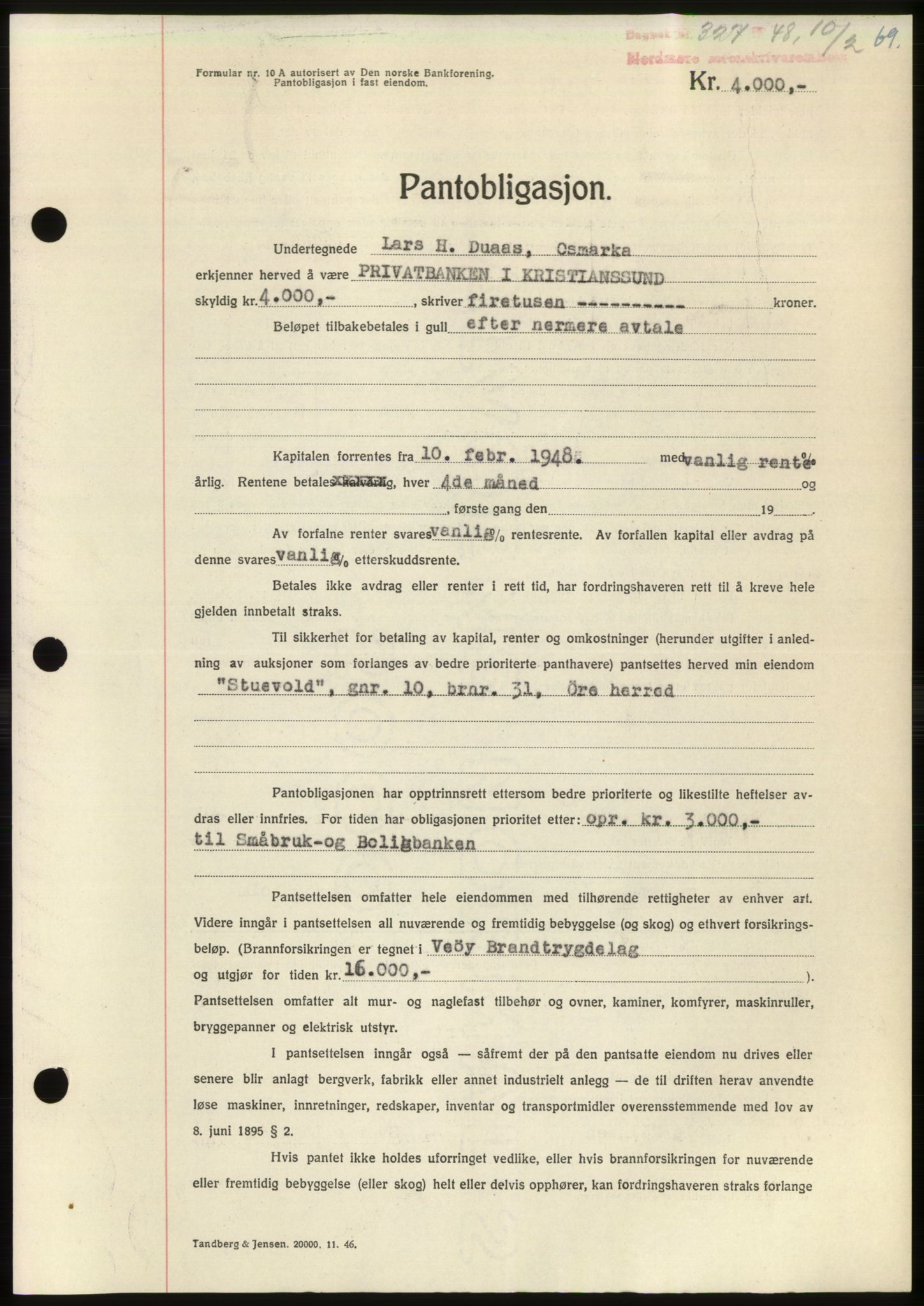 Nordmøre sorenskriveri, AV/SAT-A-4132/1/2/2Ca: Mortgage book no. B98, 1948-1948, Diary no: : 327/1948