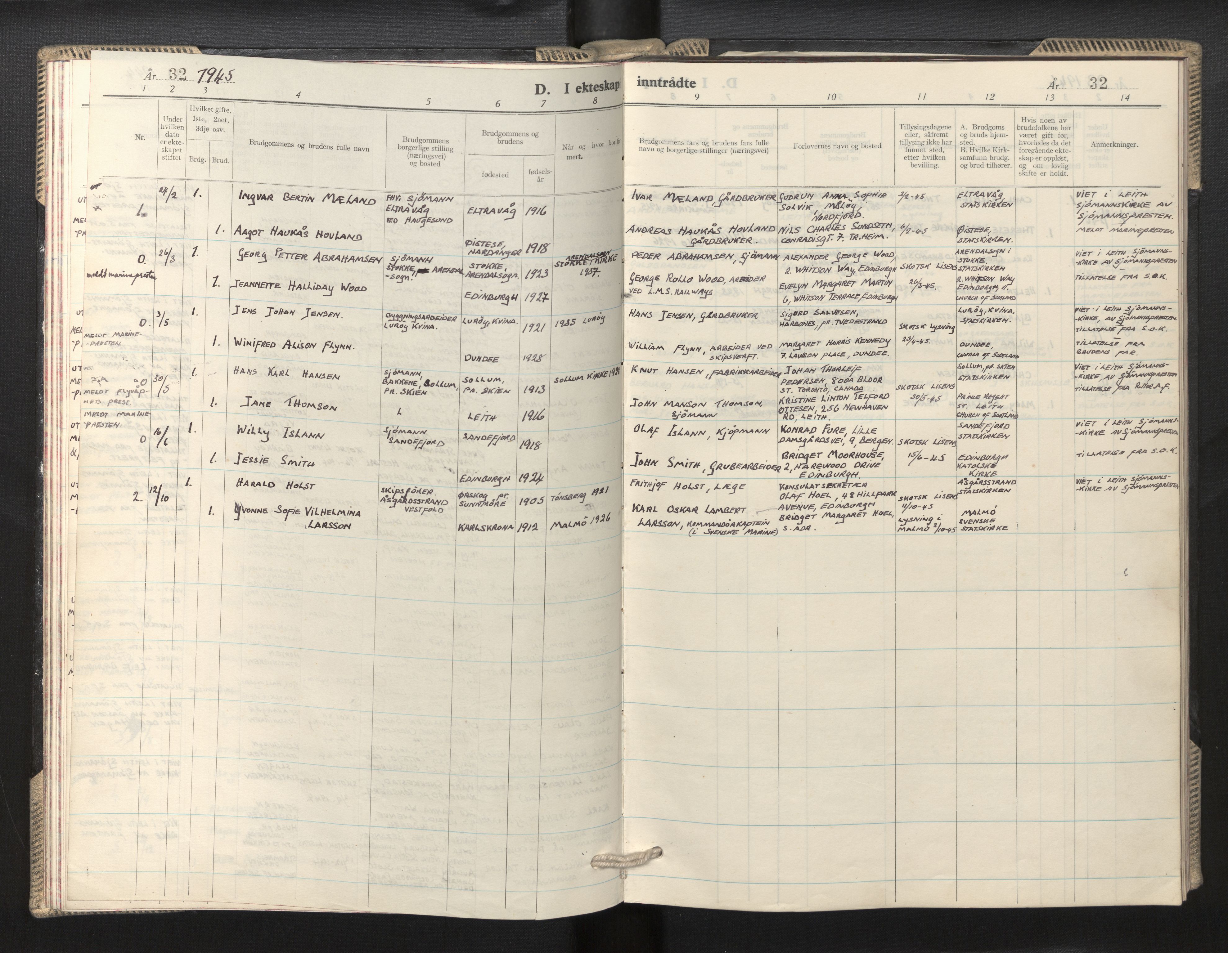 Den norske sjømannsmisjon i utlandet/Skotske havner (Leith, Glasgow), AV/SAB-SAB/PA-0100/H/Ha/Haa/L0005: Parish register (official) no. A 5, 1944-1965, p. 32