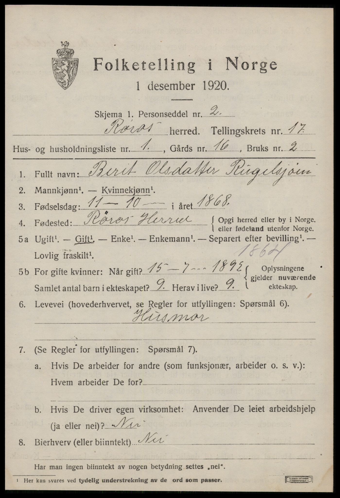 SAT, 1920 census for Røros, 1920, p. 11584