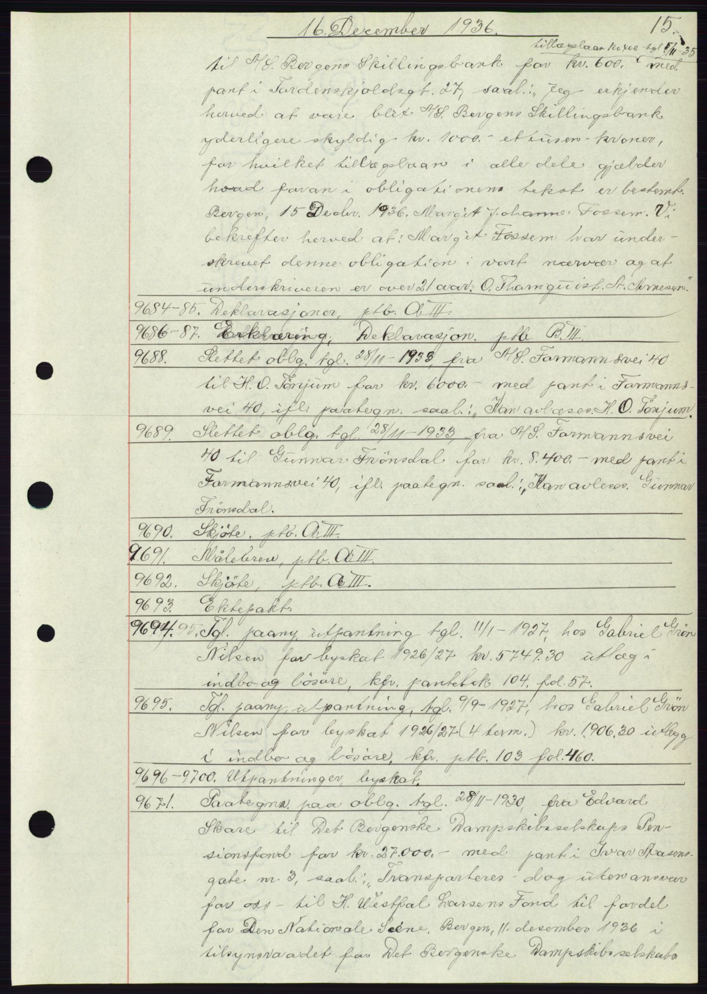 Byfogd og Byskriver i Bergen, AV/SAB-A-3401/03: Mortgage book no. C 3, 1936-1937, Diary no: : 9684/1936