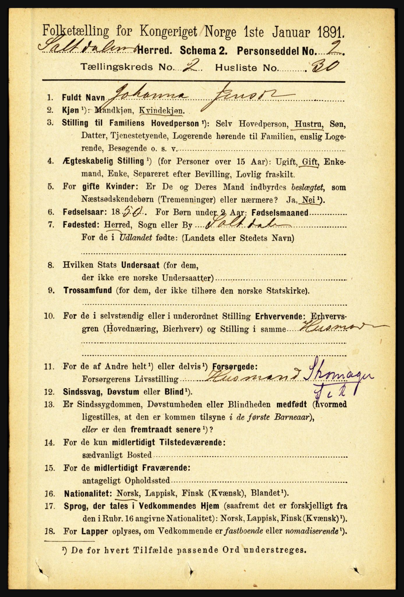 RA, 1891 census for 1840 Saltdal, 1891, p. 847