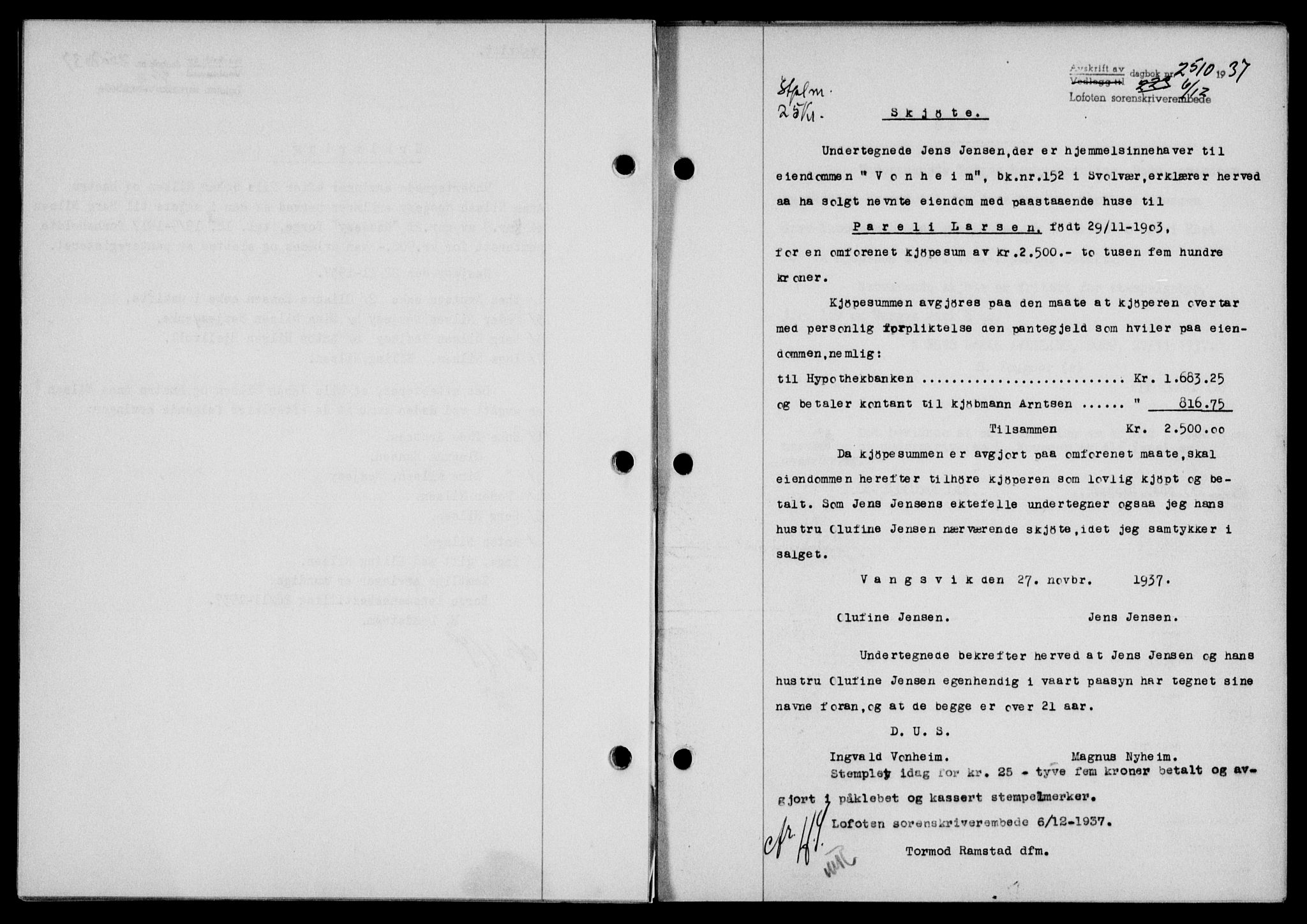 Lofoten sorenskriveri, SAT/A-0017/1/2/2C/L0003a: Mortgage book no. 3a, 1937-1938, Diary no: : 2510/1937