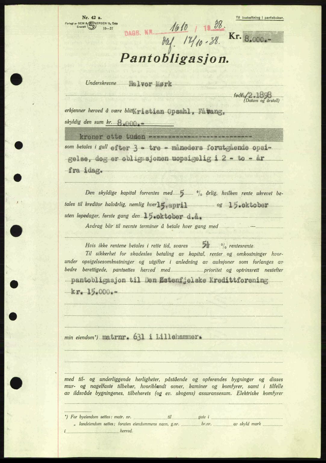 Sør-Gudbrandsdal tingrett, SAH/TING-004/H/Hb/Hbe/L0001: Mortgage book no. B1, 1936-1939, Diary no: : 1610/1938