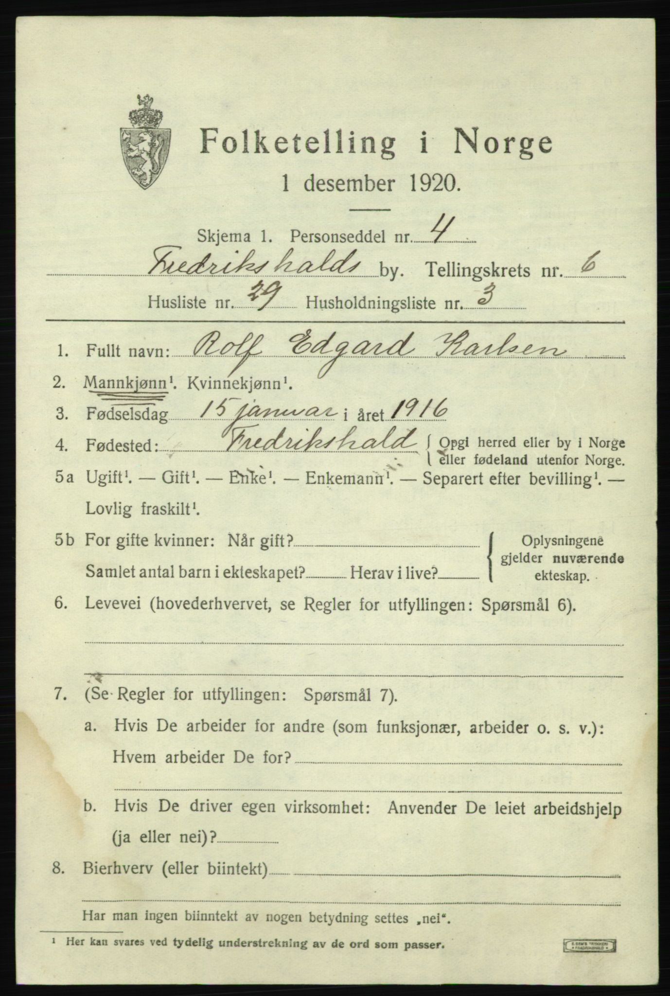 SAO, 1920 census for Fredrikshald, 1920, p. 13782