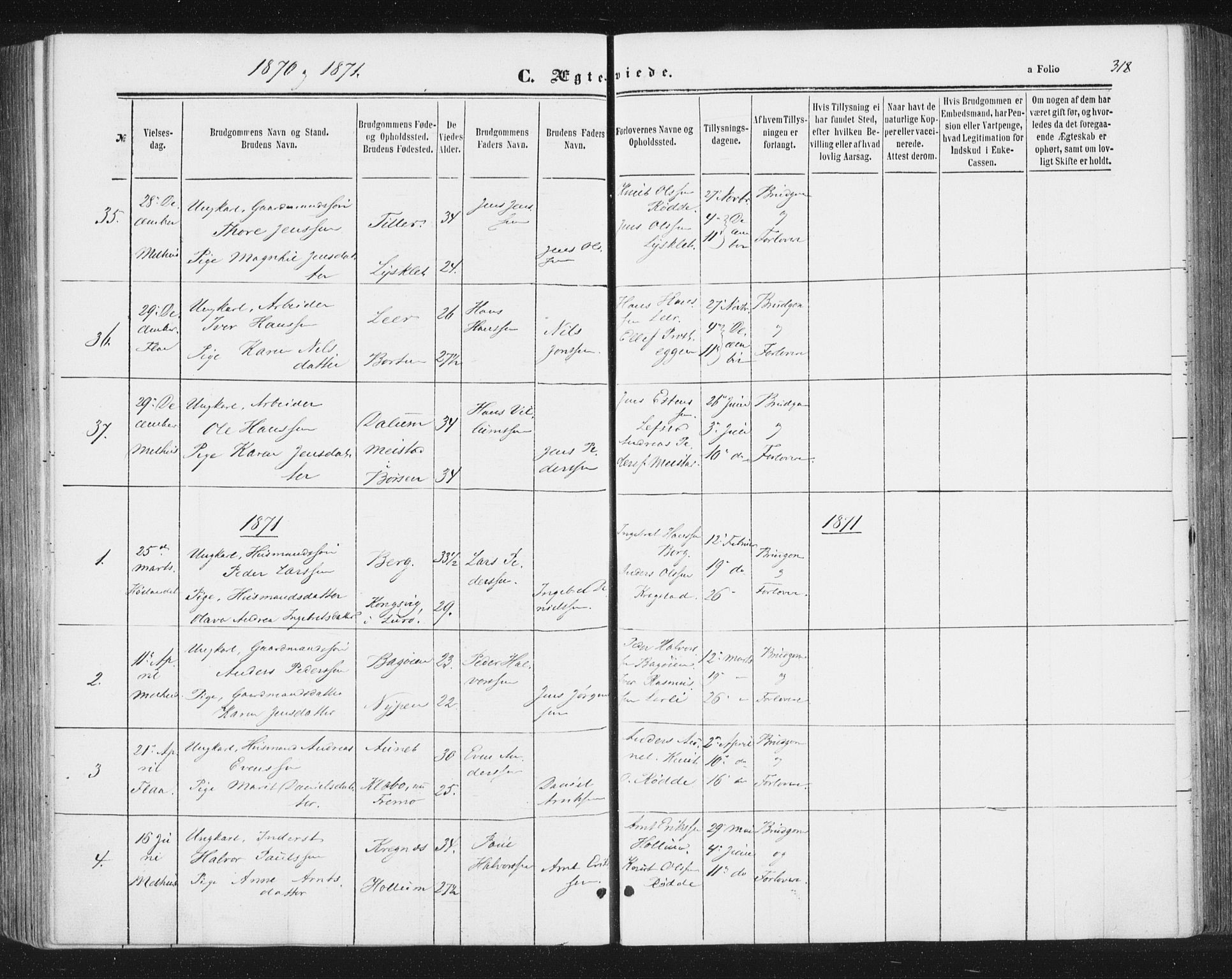 Ministerialprotokoller, klokkerbøker og fødselsregistre - Sør-Trøndelag, SAT/A-1456/691/L1077: Parish register (official) no. 691A09, 1862-1873, p. 318