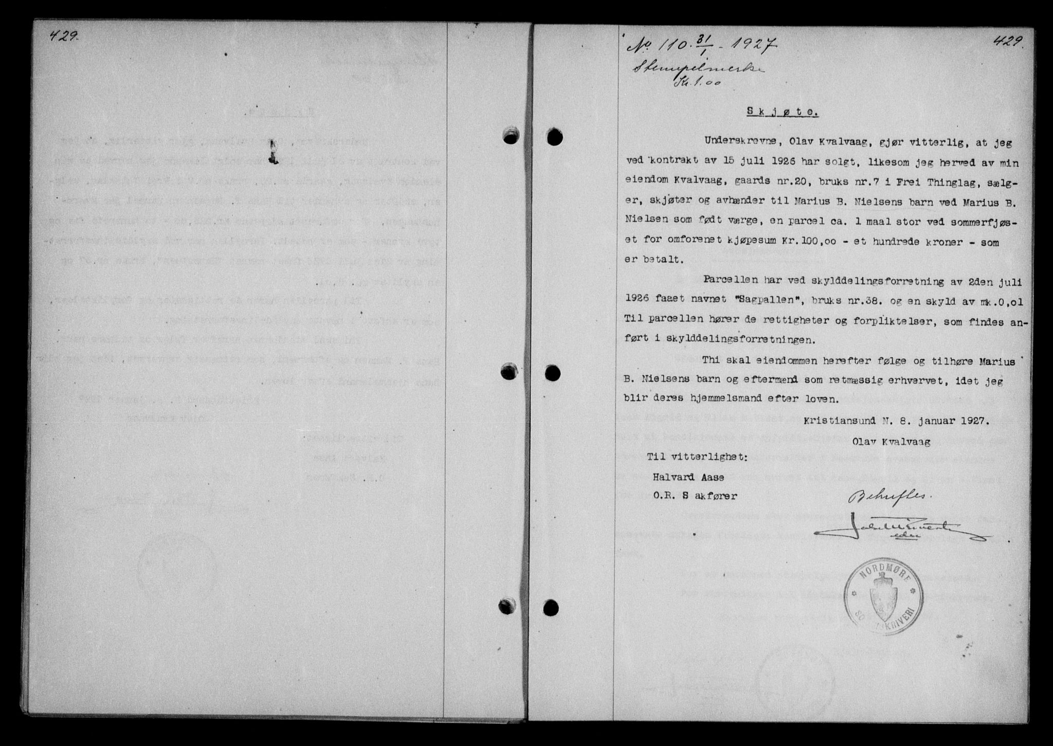 Nordmøre sorenskriveri, AV/SAT-A-4132/1/2/2Ca/L0061: Mortgage book no. 51, 1926-1927, Deed date: 31.01.1927