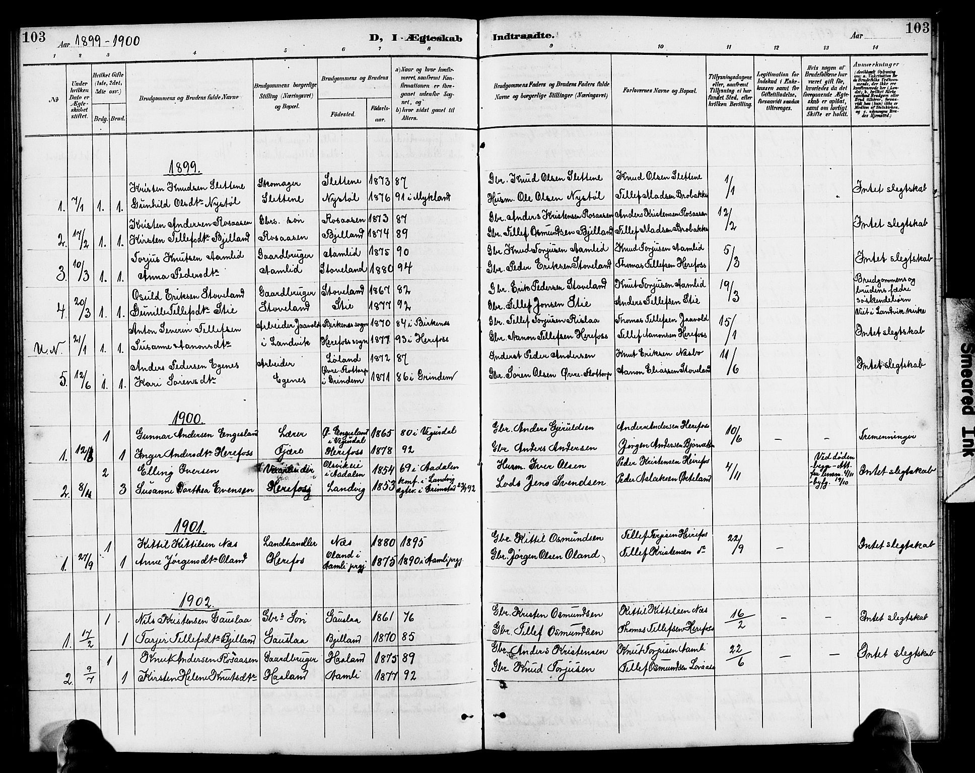 Herefoss sokneprestkontor, AV/SAK-1111-0019/F/Fb/Fba/L0003: Parish register (copy) no. B 3, 1887-1925, p. 103