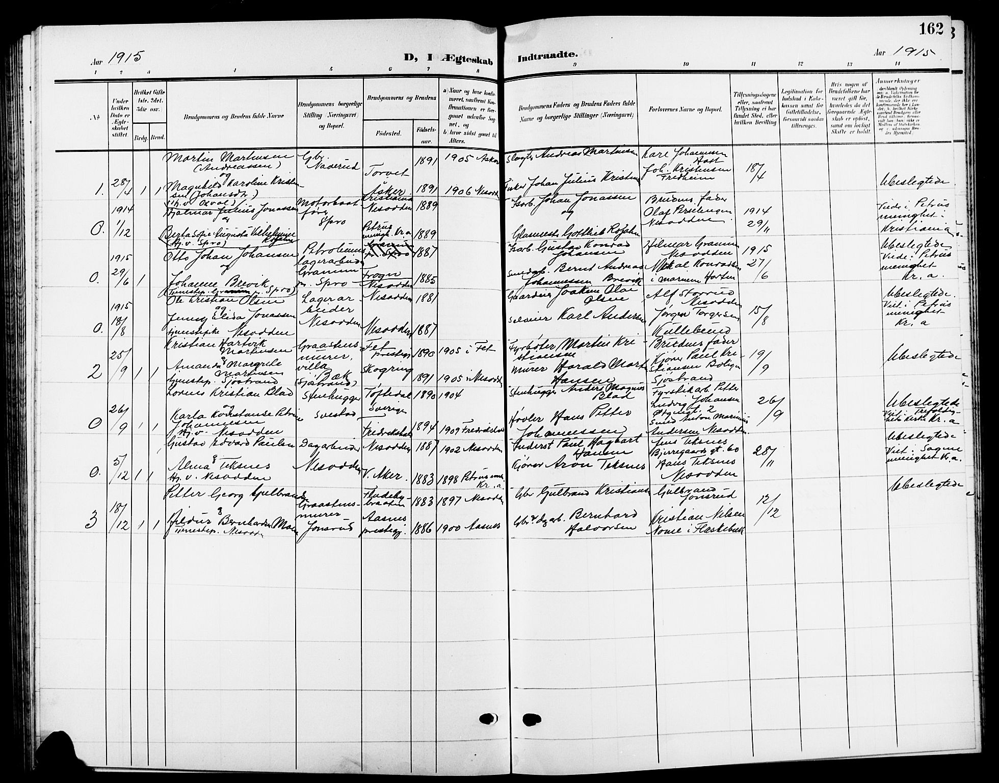 Nesodden prestekontor Kirkebøker, SAO/A-10013/G/Ga/L0002: Parish register (copy) no. I 2, 1905-1924, p. 162