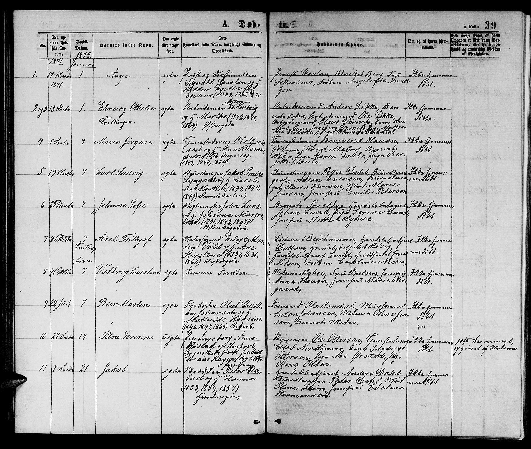 Ministerialprotokoller, klokkerbøker og fødselsregistre - Sør-Trøndelag, SAT/A-1456/601/L0088: Parish register (copy) no. 601C06, 1870-1878, p. 39