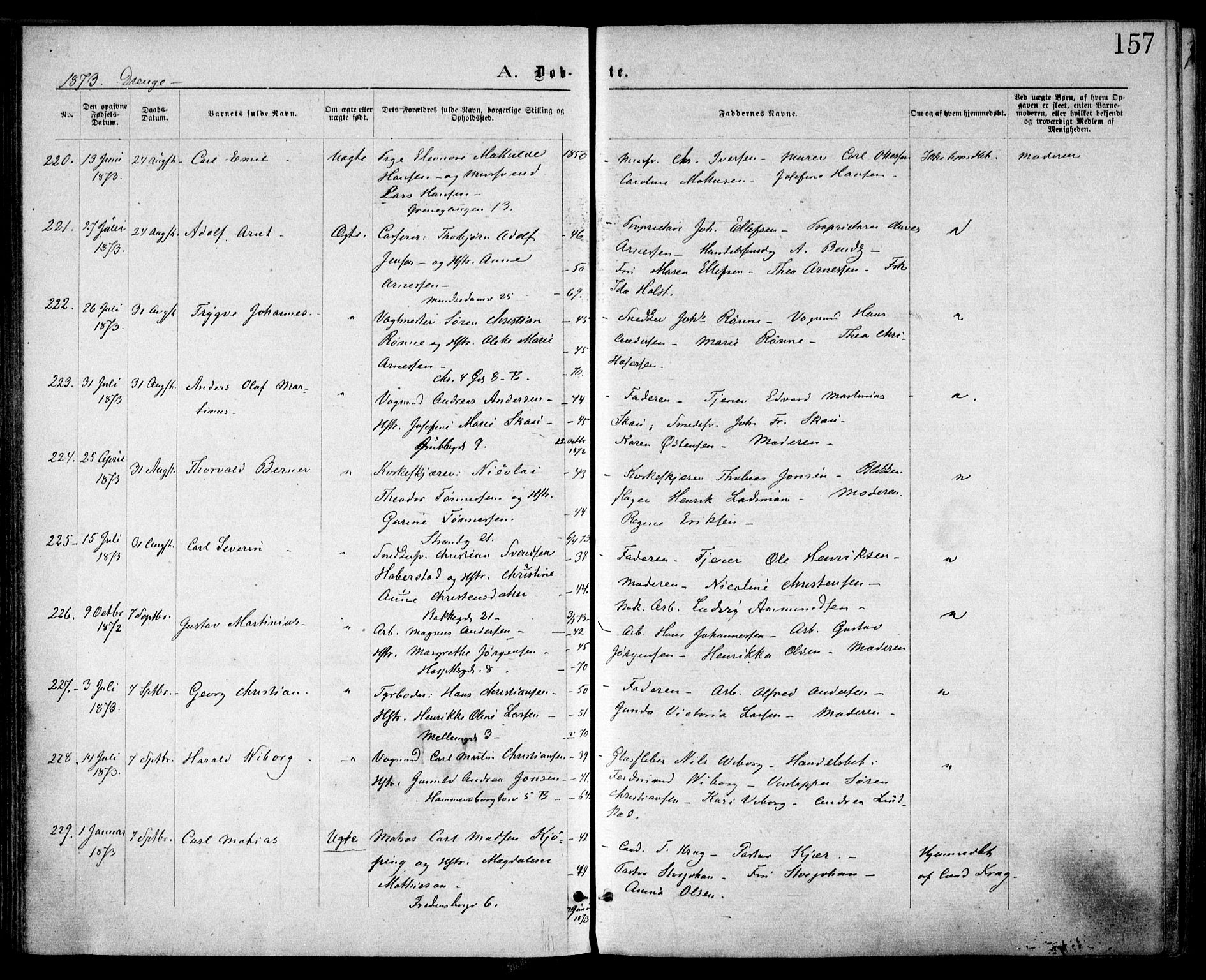 Trefoldighet prestekontor Kirkebøker, SAO/A-10882/F/Fa/L0003: Parish register (official) no. I 3, 1870-1876, p. 157