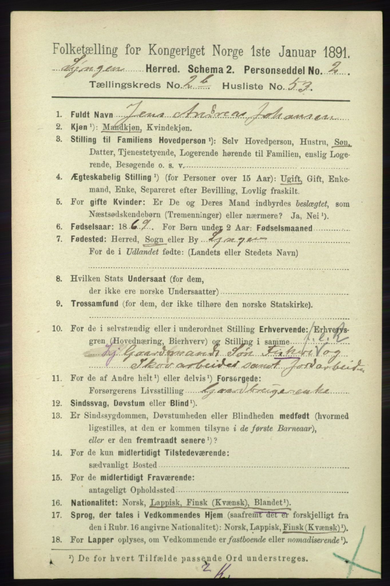 RA, 1891 census for 1938 Lyngen, 1891, p. 2834