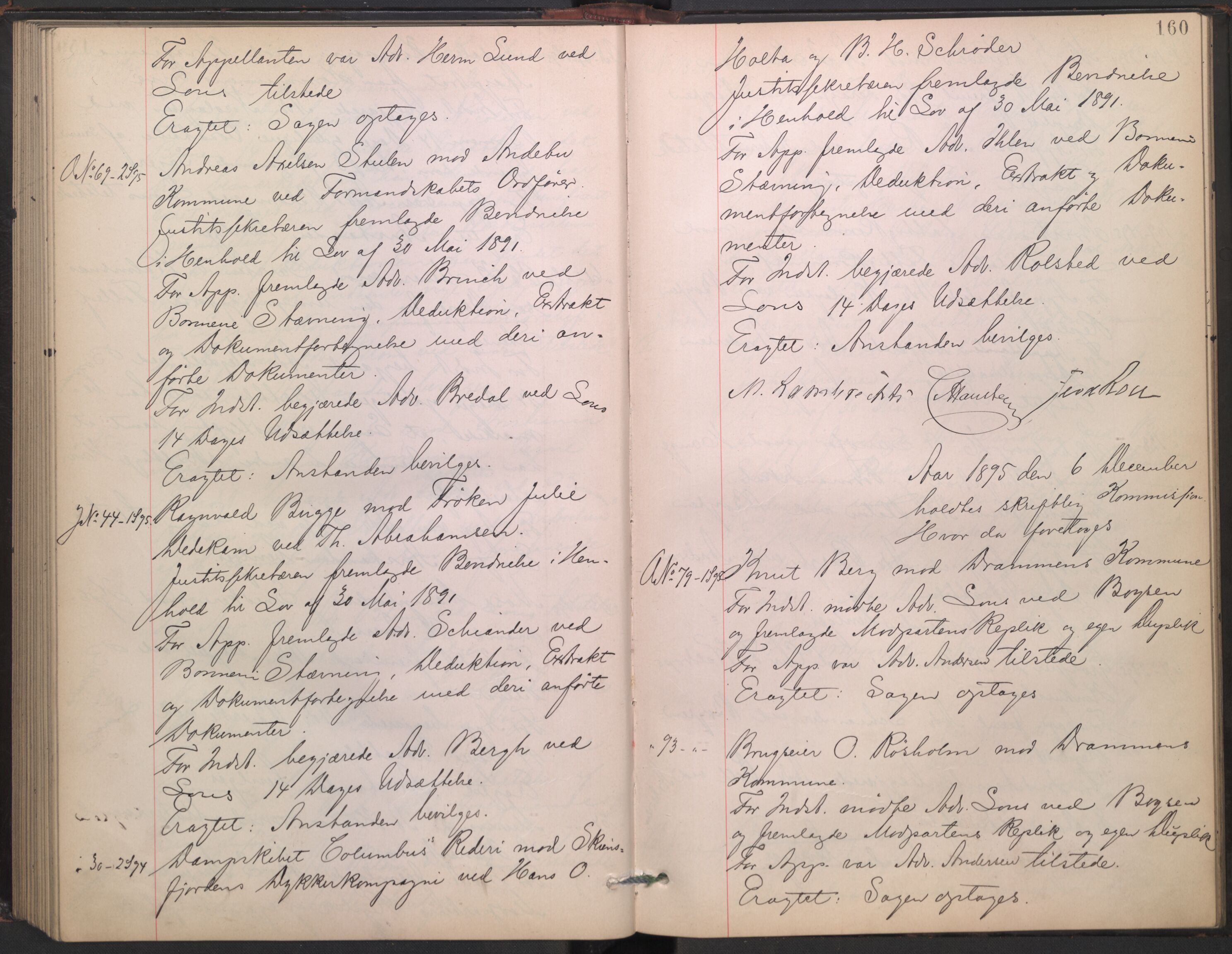 Høyesterett, AV/RA-S-1002/E/Ef/L0017: Protokoll over saker som gikk til skriftlig behandling, 1893-1896, p. 159b-160a