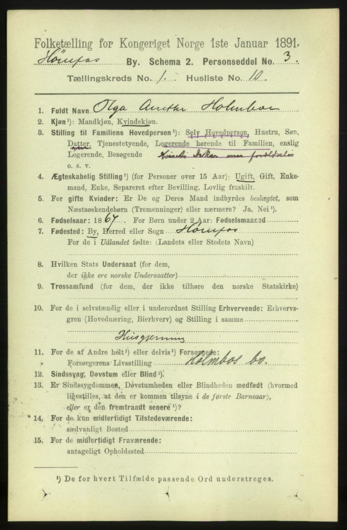 RA, 1891 census for 0601 Hønefoss, 1891, p. 503