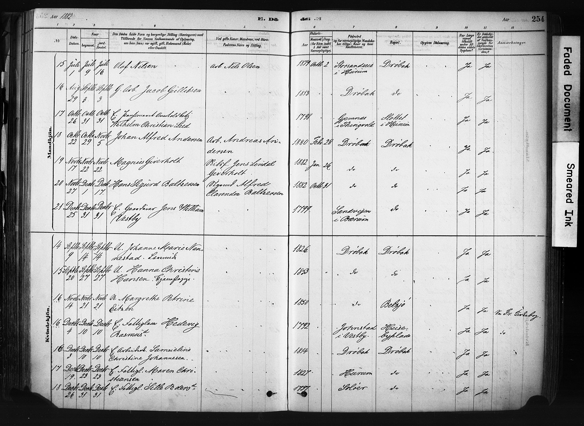 Drøbak prestekontor Kirkebøker, AV/SAO-A-10142a/F/Fb/L0001: Parish register (official) no. II 1, 1878-1891, p. 254