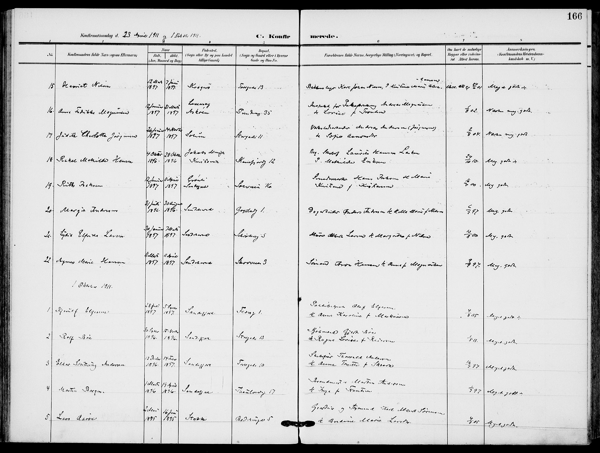 Sandefjord kirkebøker, AV/SAKO-A-315/F/Fa/L0005: Parish register (official) no. 5, 1906-1915, p. 166