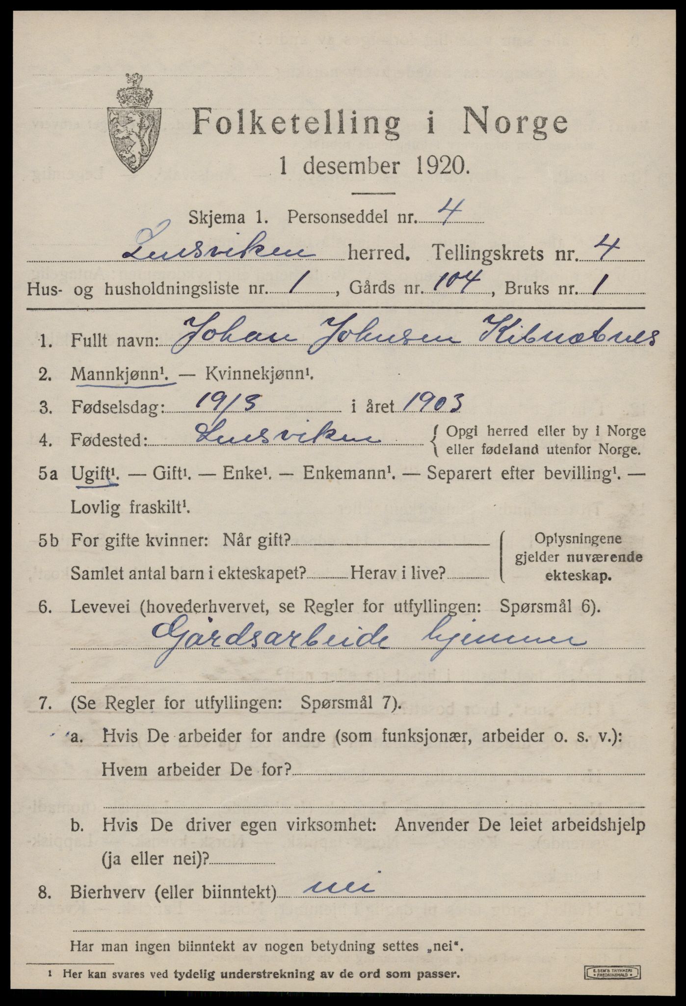 SAT, 1920 census for Lensvik, 1920, p. 2162