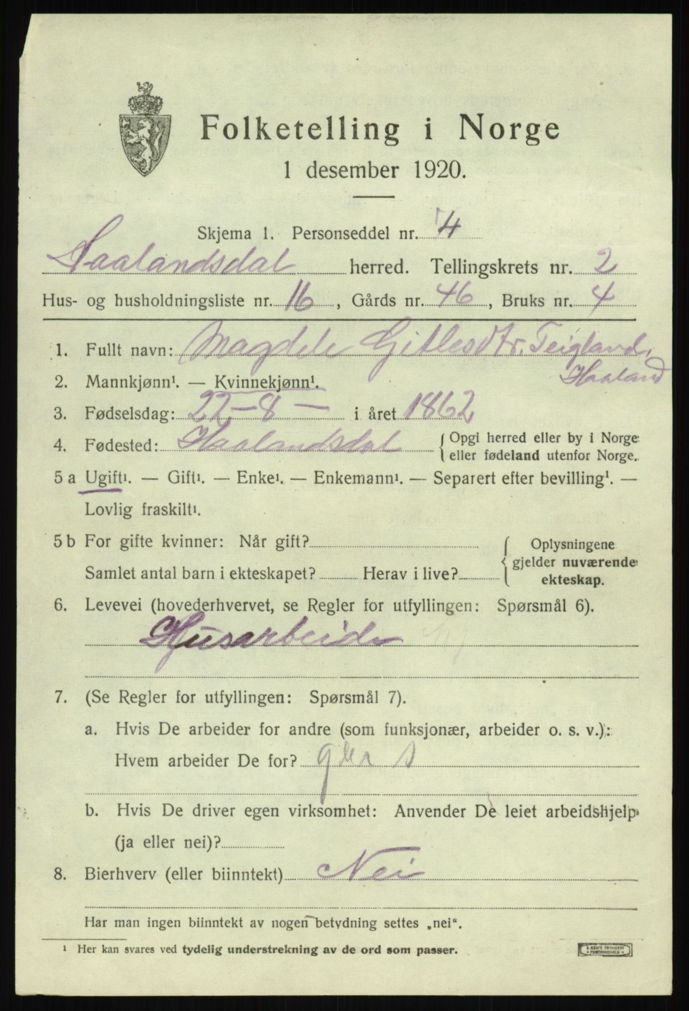 SAB, 1920 census for Hålandsdal, 1920, p. 654